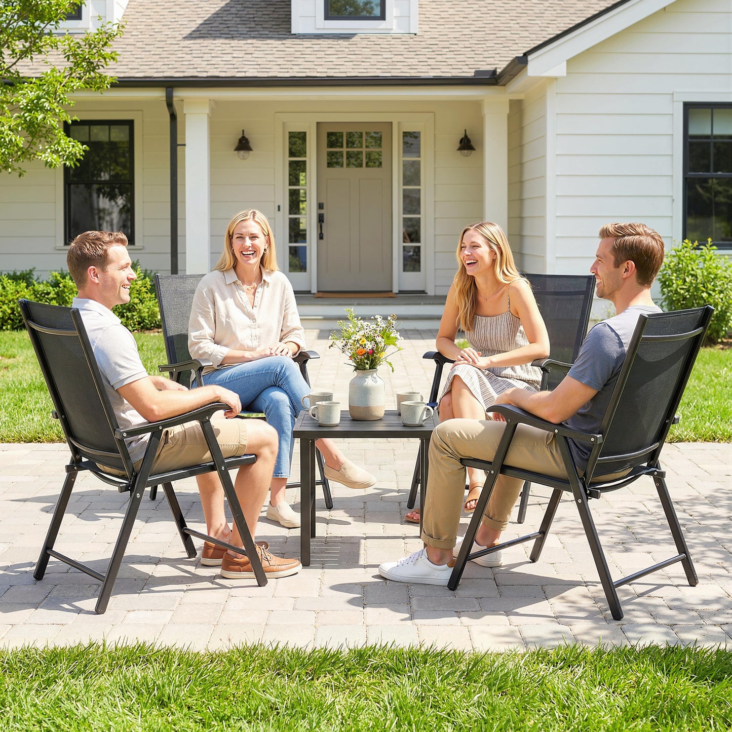 Outsunny Folding Garden Chairs Set of 4, Foldable Garden Dining Chairs with High Back, Armrests, Texteline Seat, Black