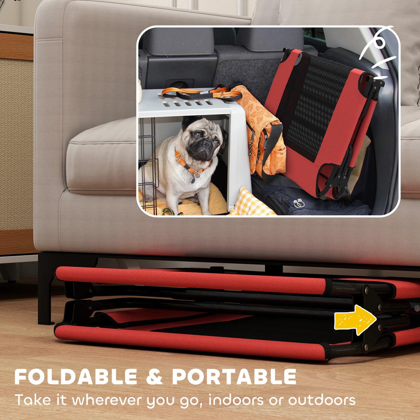 PawHut Portable Raised Dog Bed, Elevated Pet Cot with Breathable Mesh for Indoor Outdoor, for Large Dogs, Red