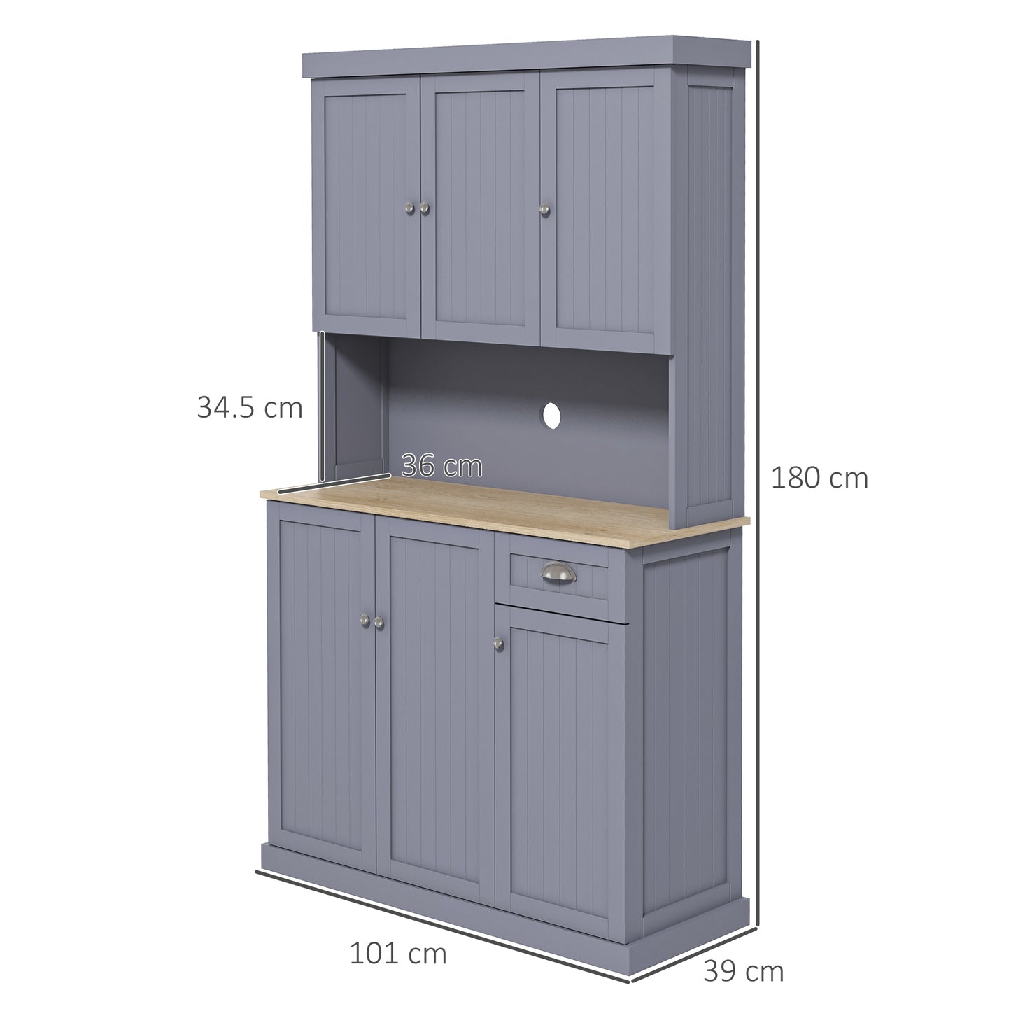 HOMCOM 180cm Freestanding Kitchen Cabinet, Modern Storage Cupboard with Open Countertop, Drawer and 6 Doors, Grey