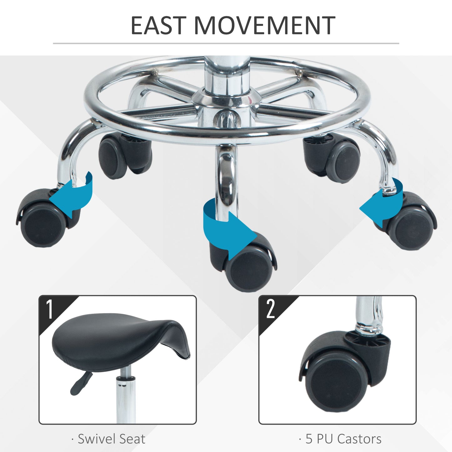 HOMCOM Salon Saddle Stool Rolling Saddle Chair for Massage Spa Clinic Beauty Hairdressing and Tattoo Black