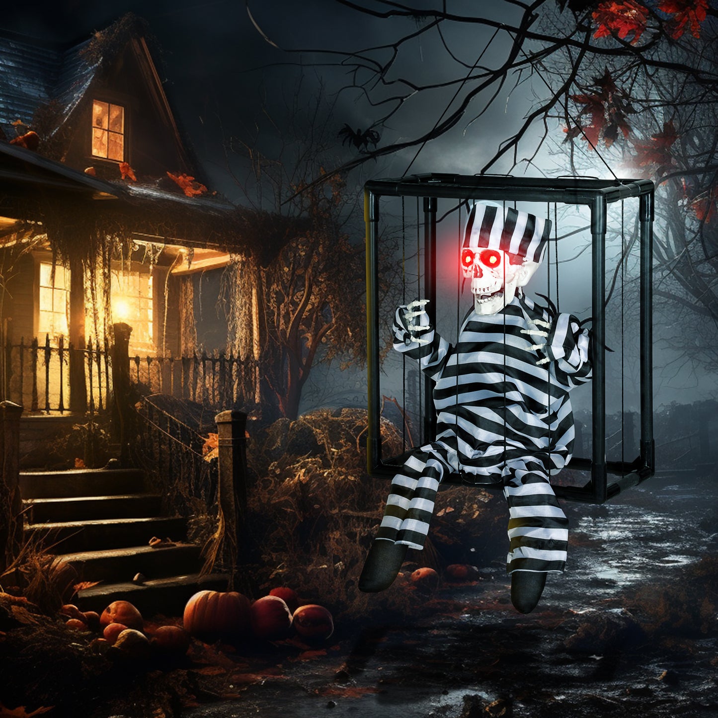 Outsunny Halloween Animated Skeleton Prisoner with LED Eyes, Scary Halloween Decor, Battery Operated Indoor Party Prop, in Cage - Spooky Skeleton