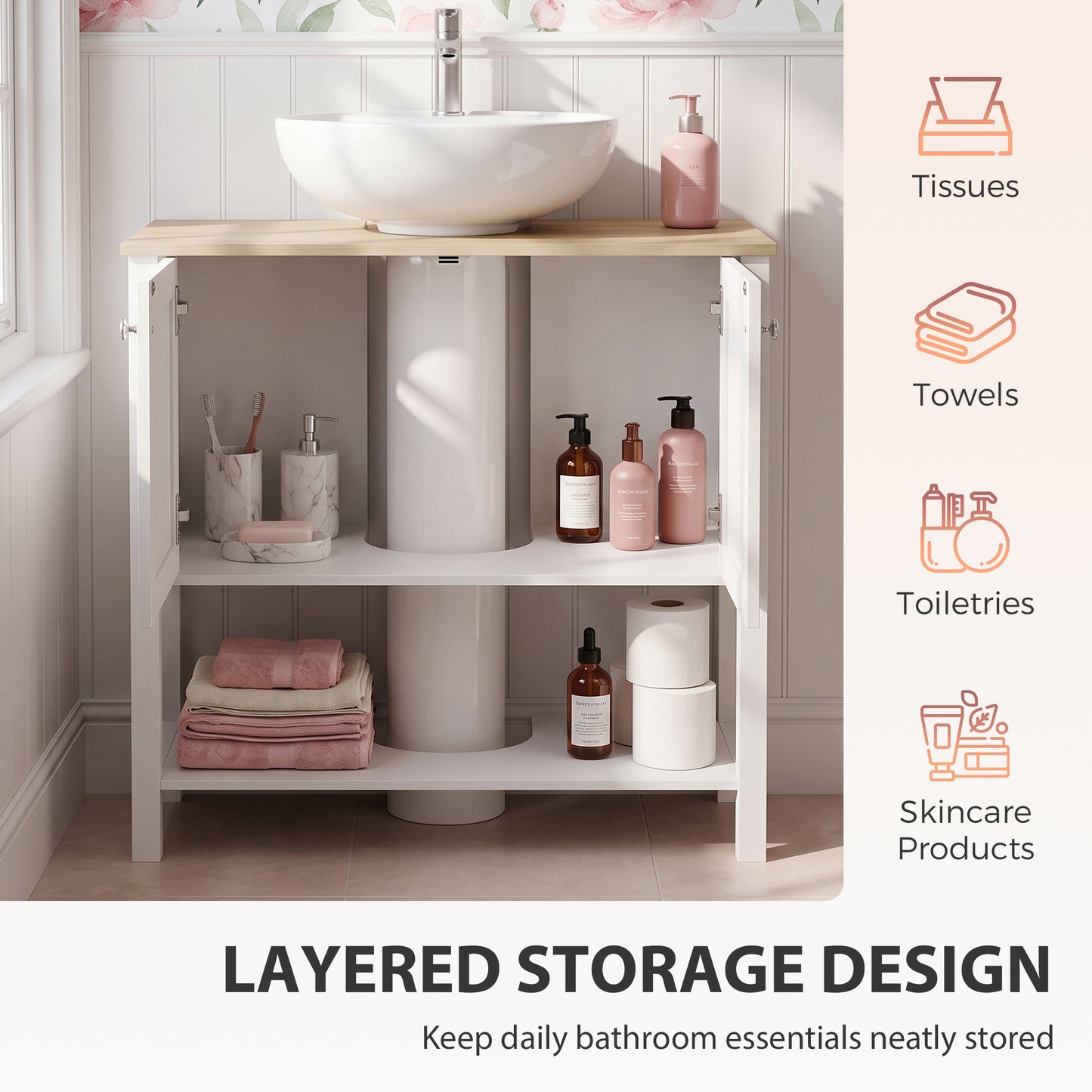 HOMCOM Under Sink Bathroom Cabinet with 2 Doors, Open Shelf and U-Shape Cut-Out for Basin with or without Pedestal, White