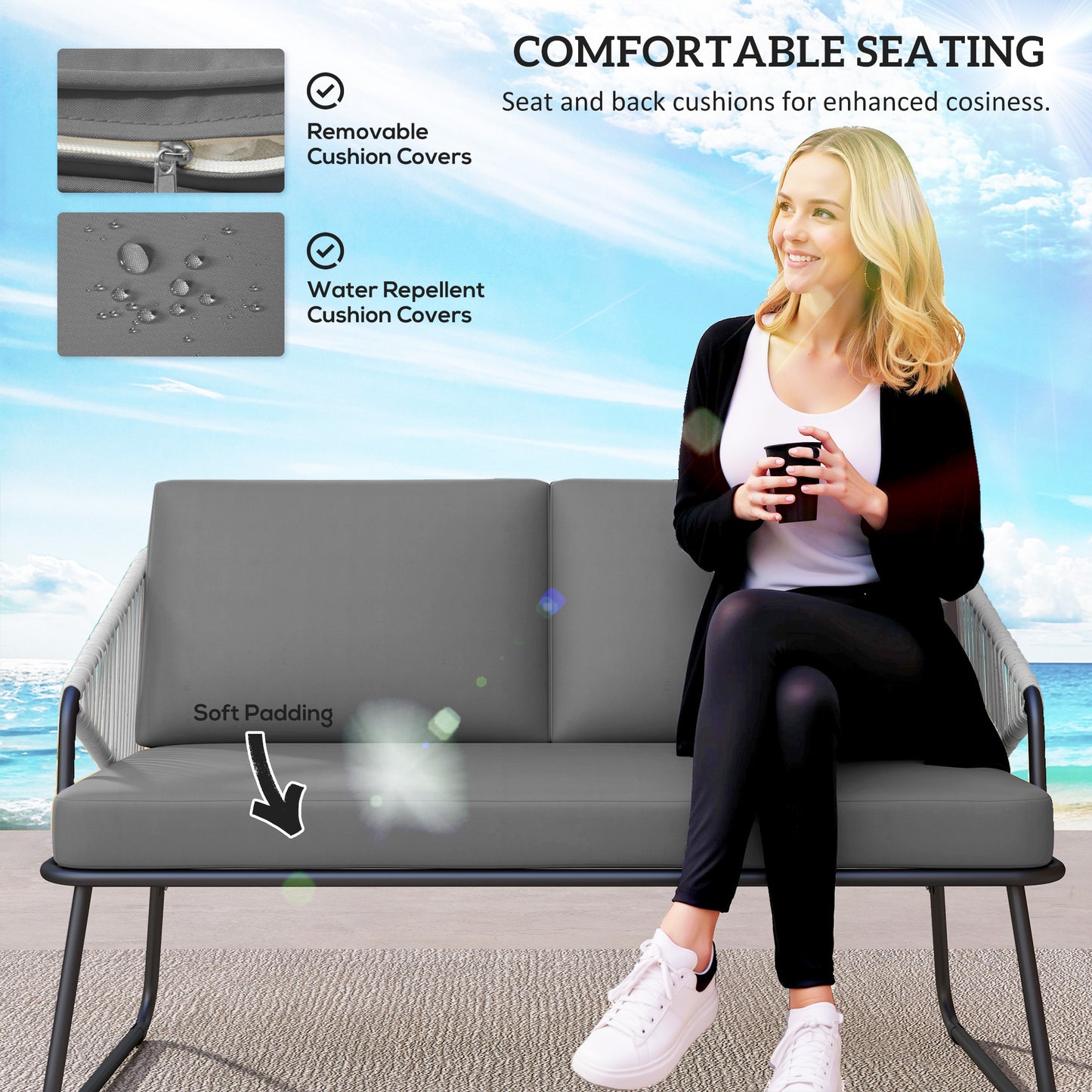 Outsunny 4 Piece Rattan Garden Furniture Set: Loveseat, Armchairs, Coffee Table & Cushions, Grey