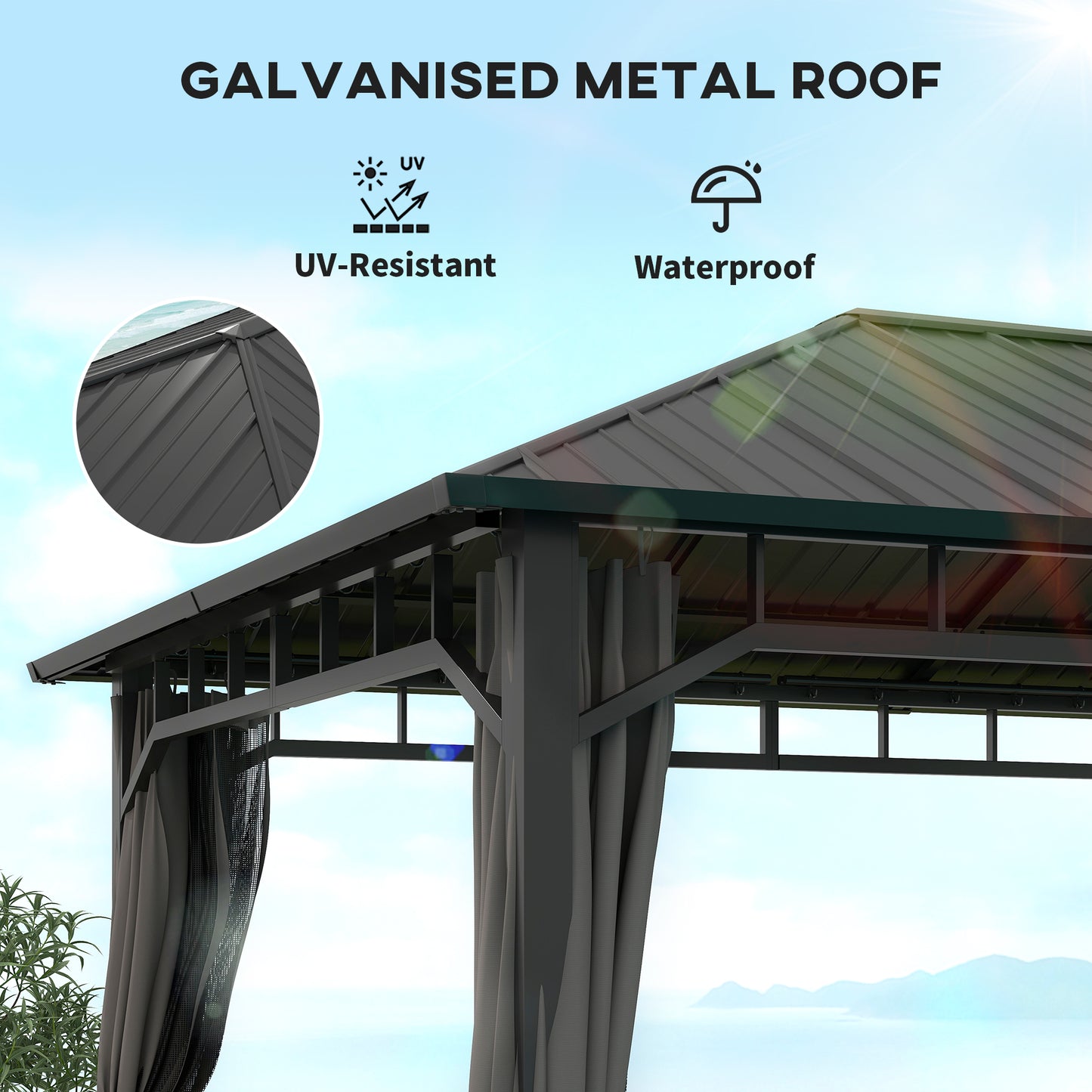 Outsunny 3 x 4m Hardtop Gazebo, Galvanised Steel Roof, Curtains, Netting, Waterproof Permanent Pavilion for Patio/Deck, with Water Gutter