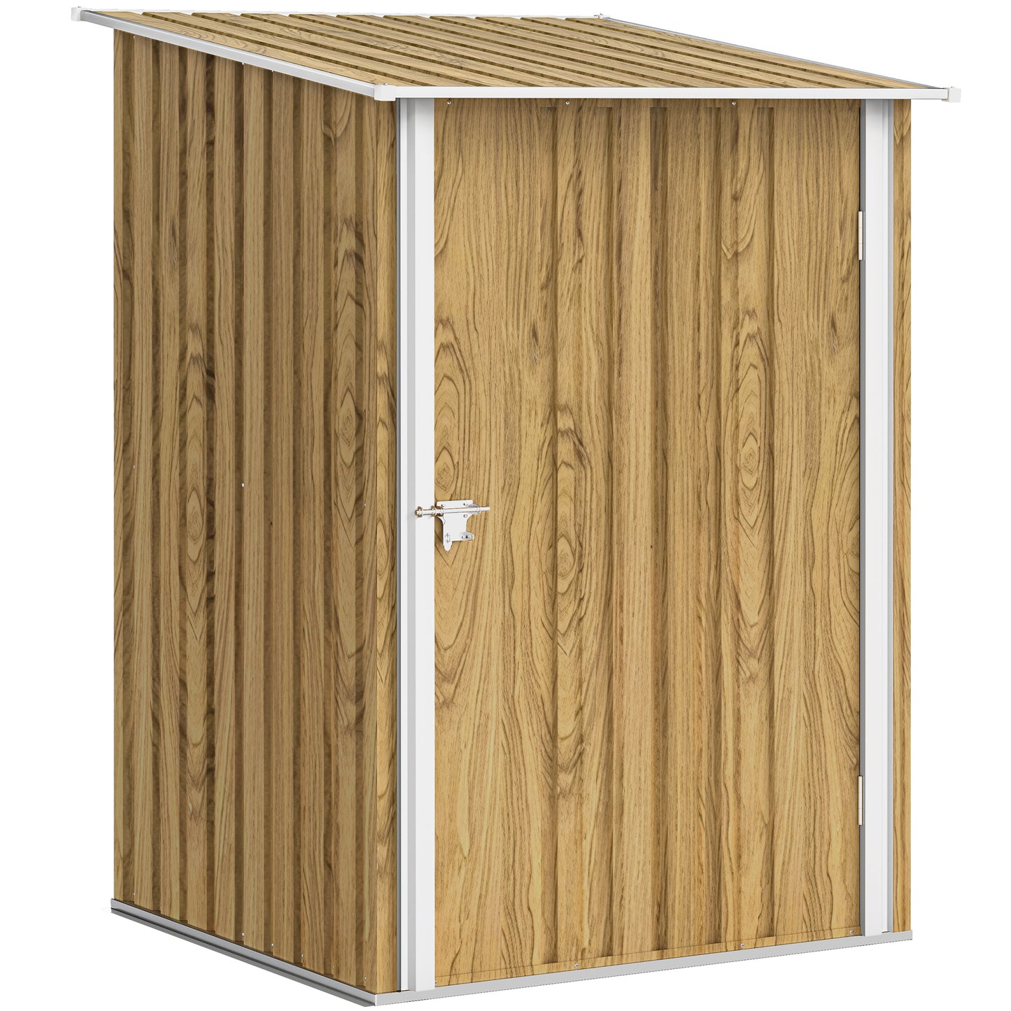 Outsunny 3.3 x 3.4ft Lean To Steel Garden Shed, with Locking Door - Light Brown Wood Effect/White