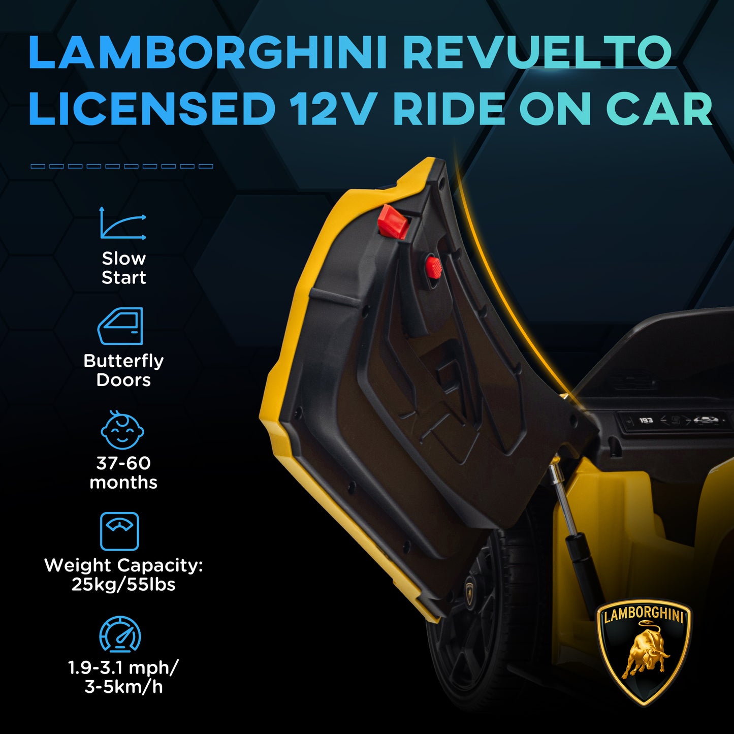 AIYAPLAY Lamborghini Revuelto Licensed 12V Ride on Car w/ Butterfly Doors Training Wheels, Suspension, Remote Control Yellow