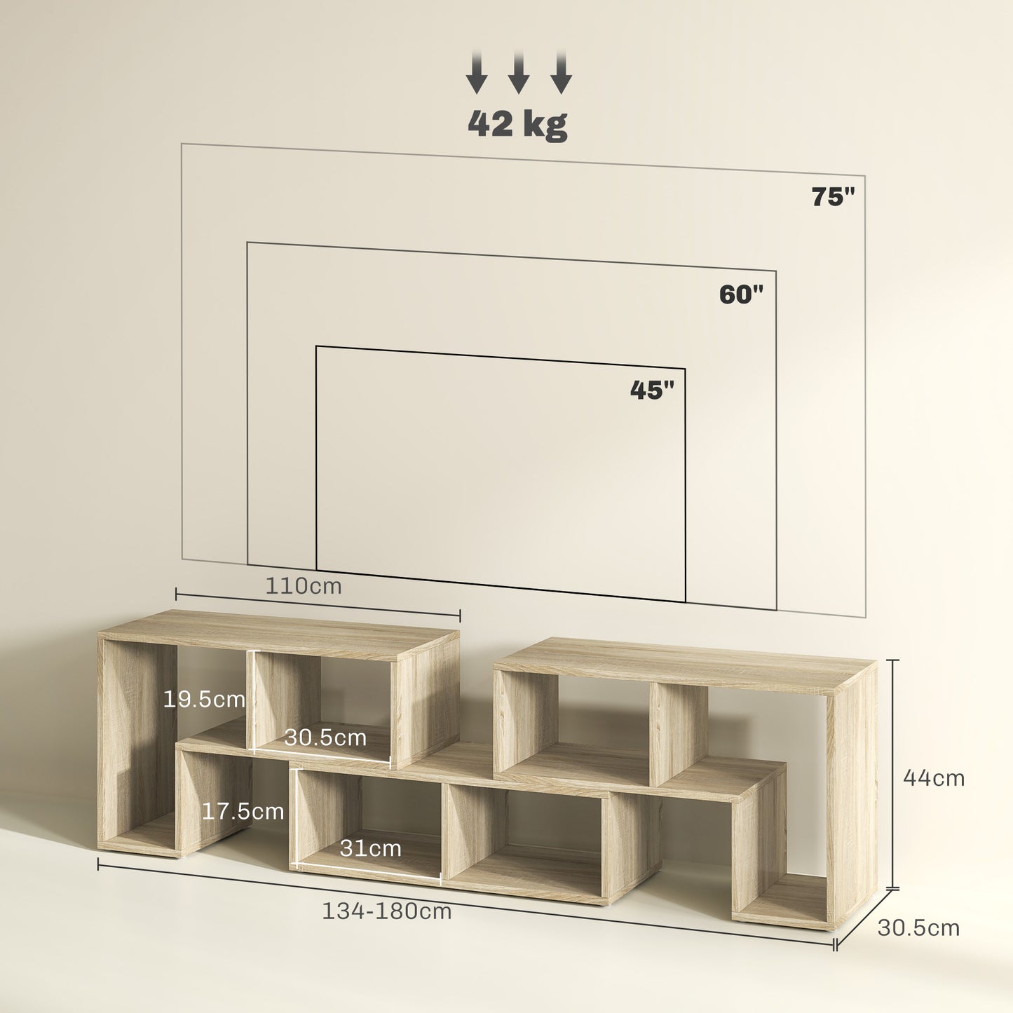 HOMCOM TV Stand for TVs up to 75", Storage Shelves, Extendable Entertainment Unit, Grey Oak
