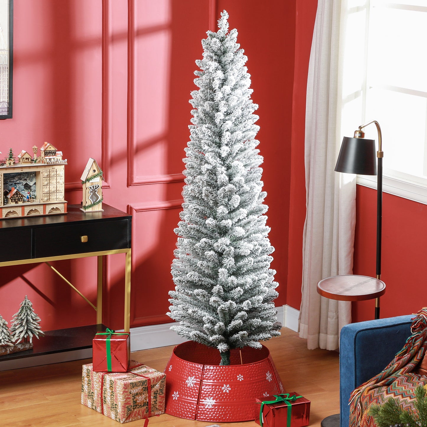 HOMCOM 6ft Artificial Snowy Pencil Christmas Tree - Green