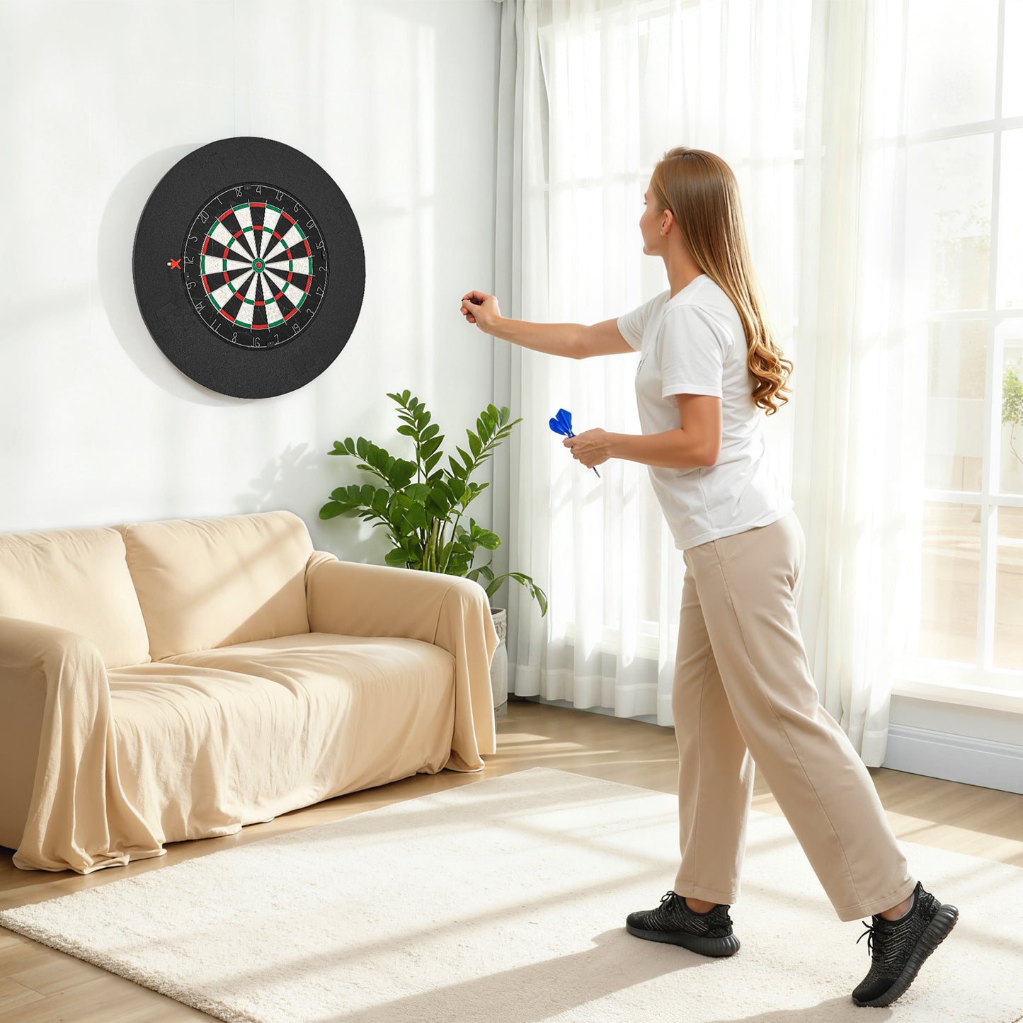 SPORTNOW Professional Bristle Dartboard Set with EVA Surround Ring, 6 Steel Tip Darts, Black