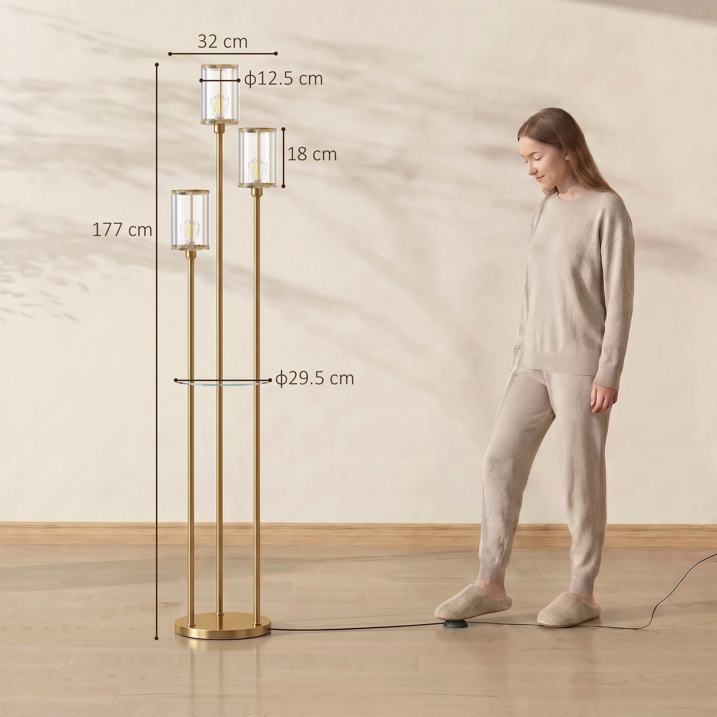 HOMCOM Floor Lamp with Shelves, 3-Light Crystal Standing Lamp with Glass Shades and Foot Switch, Bulbs Not Included, Gold Tone