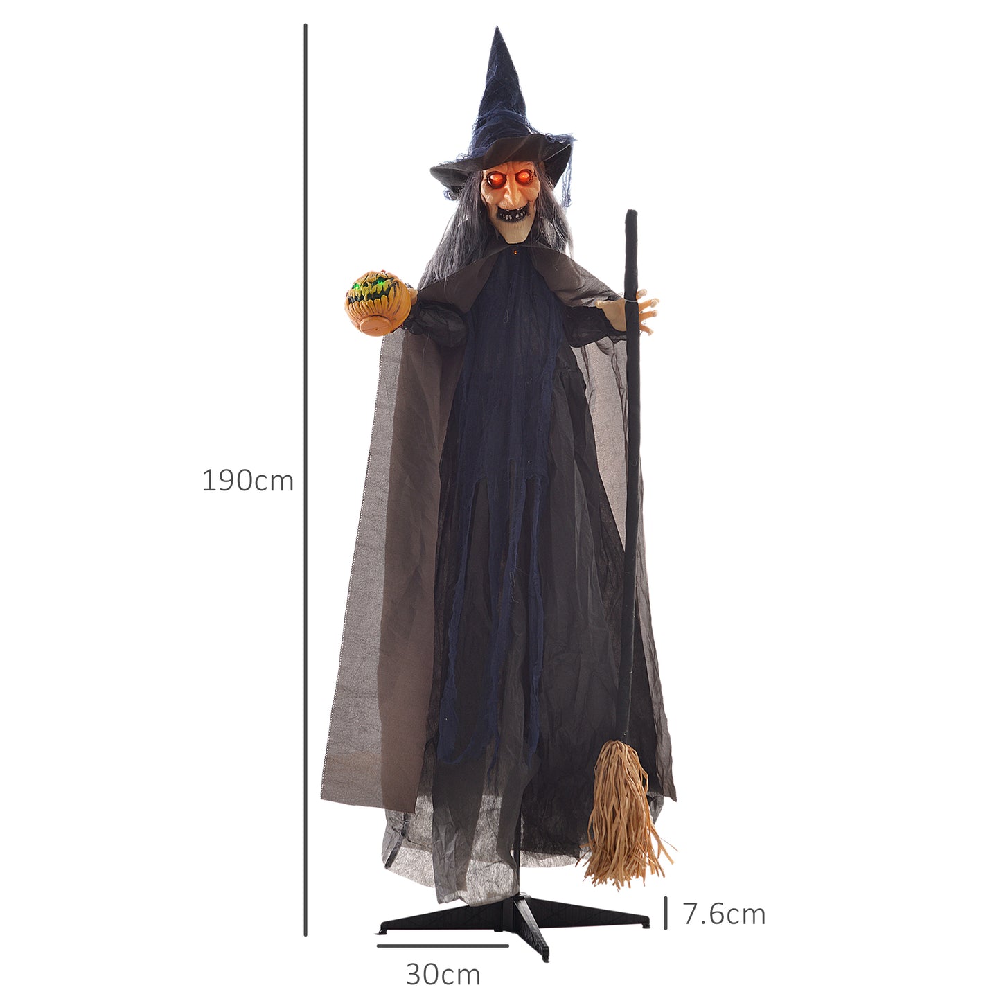 HOMCOM 190cm Witch with Broomstick Halloween Animatronic, Sound & Lights