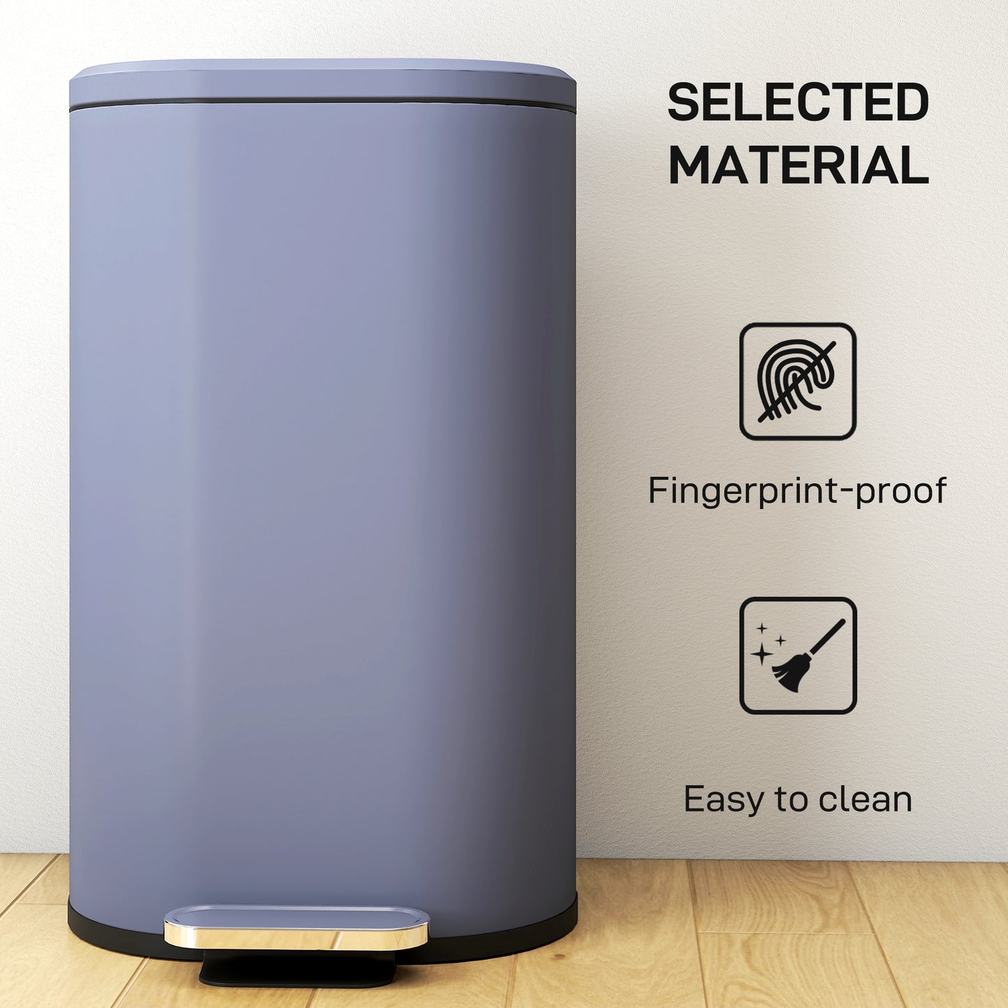 HOMCOM 30L Kitchen Bin, Slim Pedal Bin with 90° Stay-Open & Soft-Close Lid, Removable Inner Bucket, Fingerprint-Resistant, Grey
