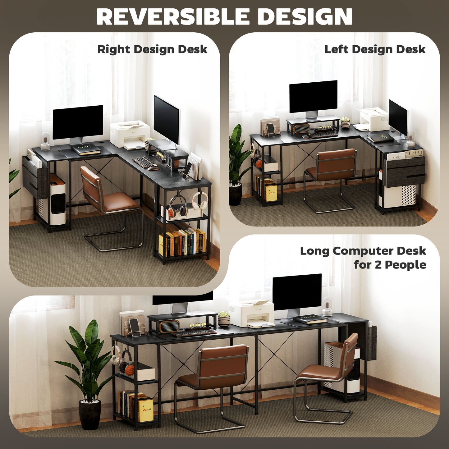 HOMCOM 168cm Reversible L-Shaped Industrial Desk, Adjustable Shelf, Storage Bag, 240cm 2-Person Desk, Black