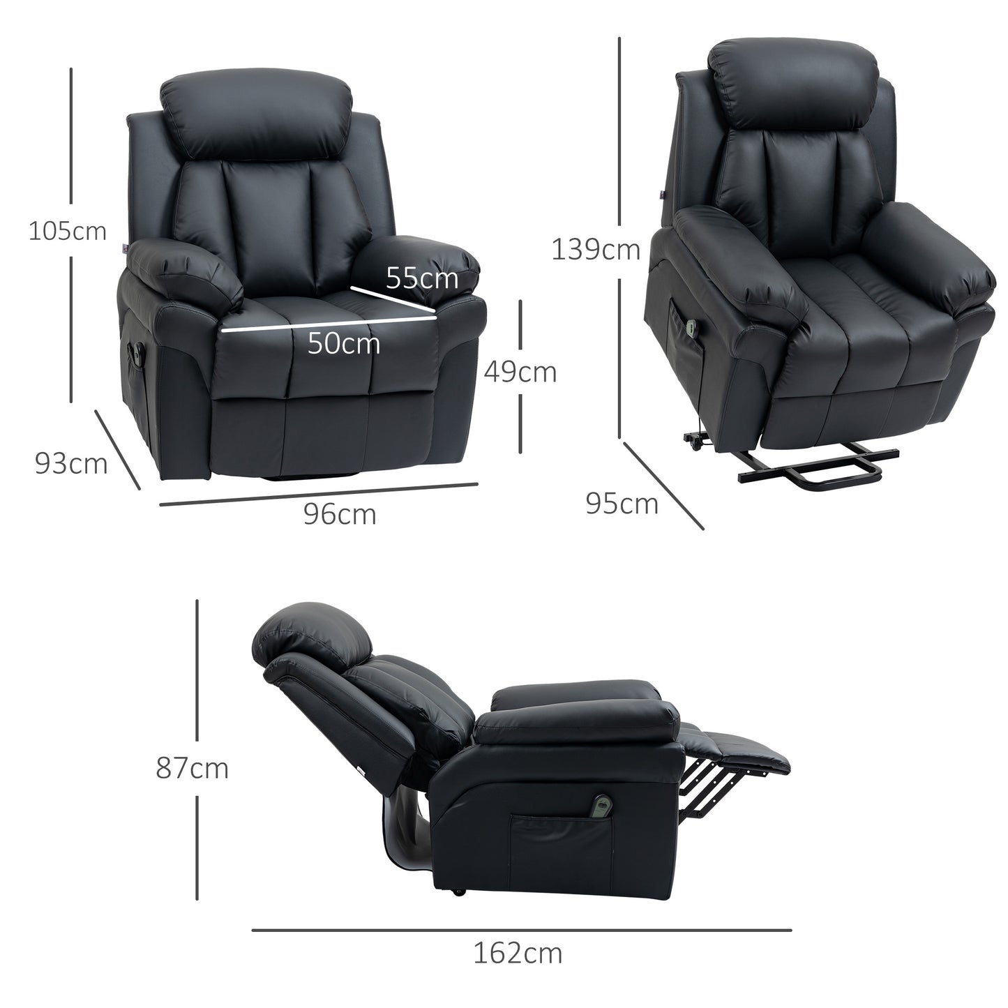 HOMCOM Power Lift Chair Recliner for Elderly, Electric Faux Leather Armchair with Remote Control and Side Pockets, Black