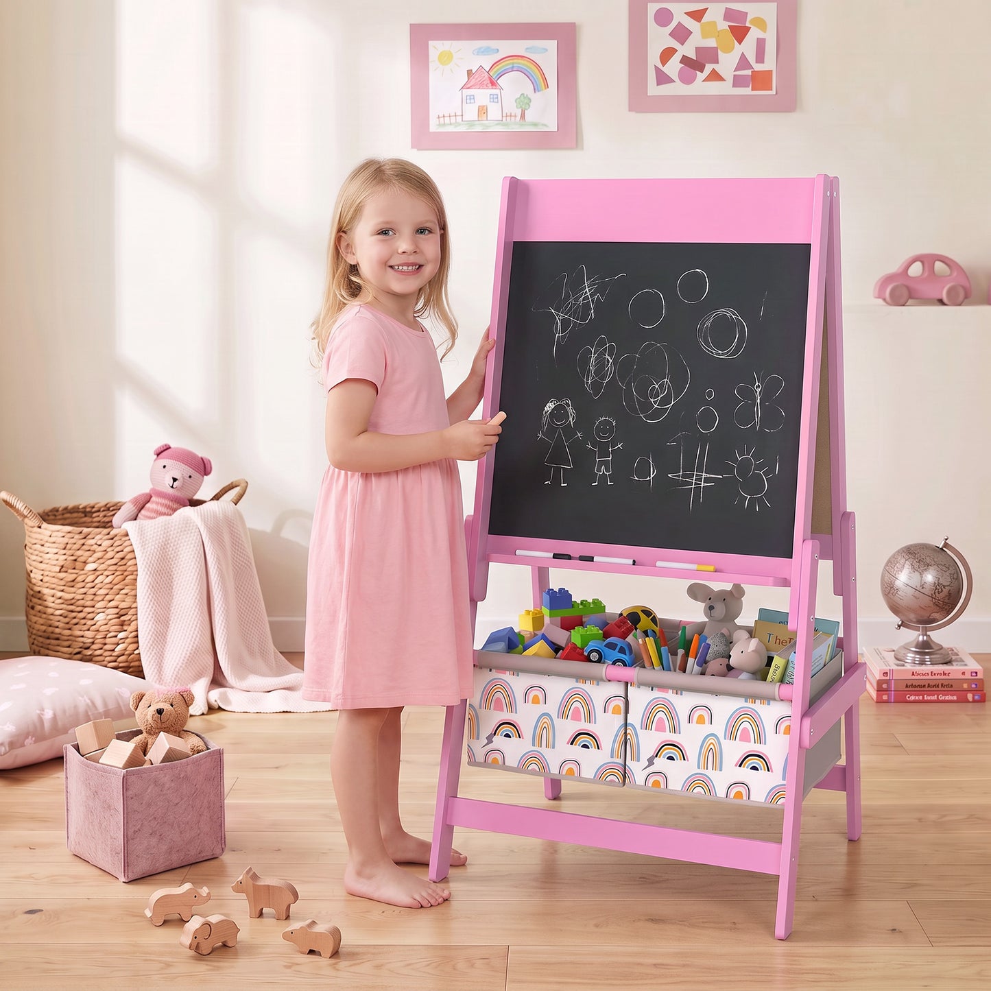 AIYAPLAY Art Easel for Kids, 3-in-1 Kids Easel with Chalkboard, Whiteboard, Paper Roll, Storage, Under-Board Shelf for 3-8, Pink