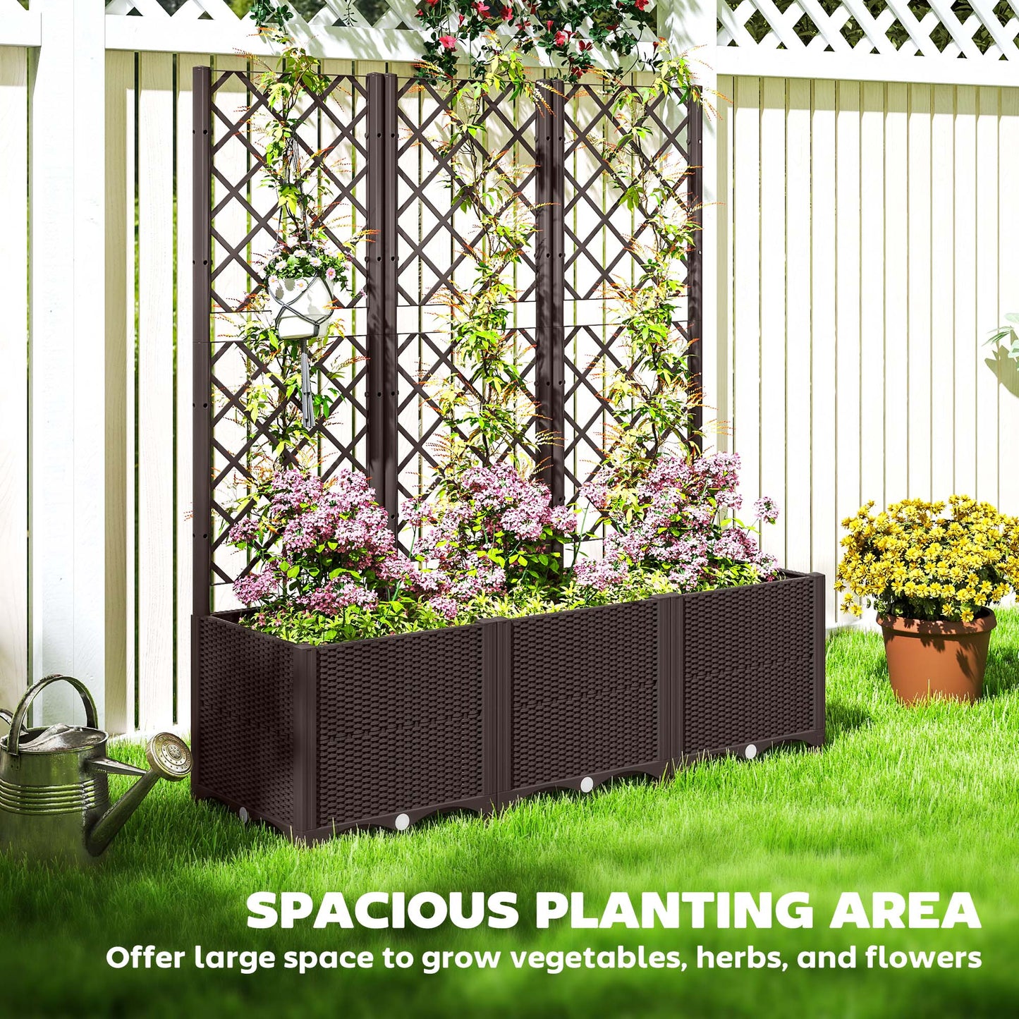 Outsunny Raised Garden Bed with Trellis, Plastic Planter Box with Drainage Holes 3 wide Brown