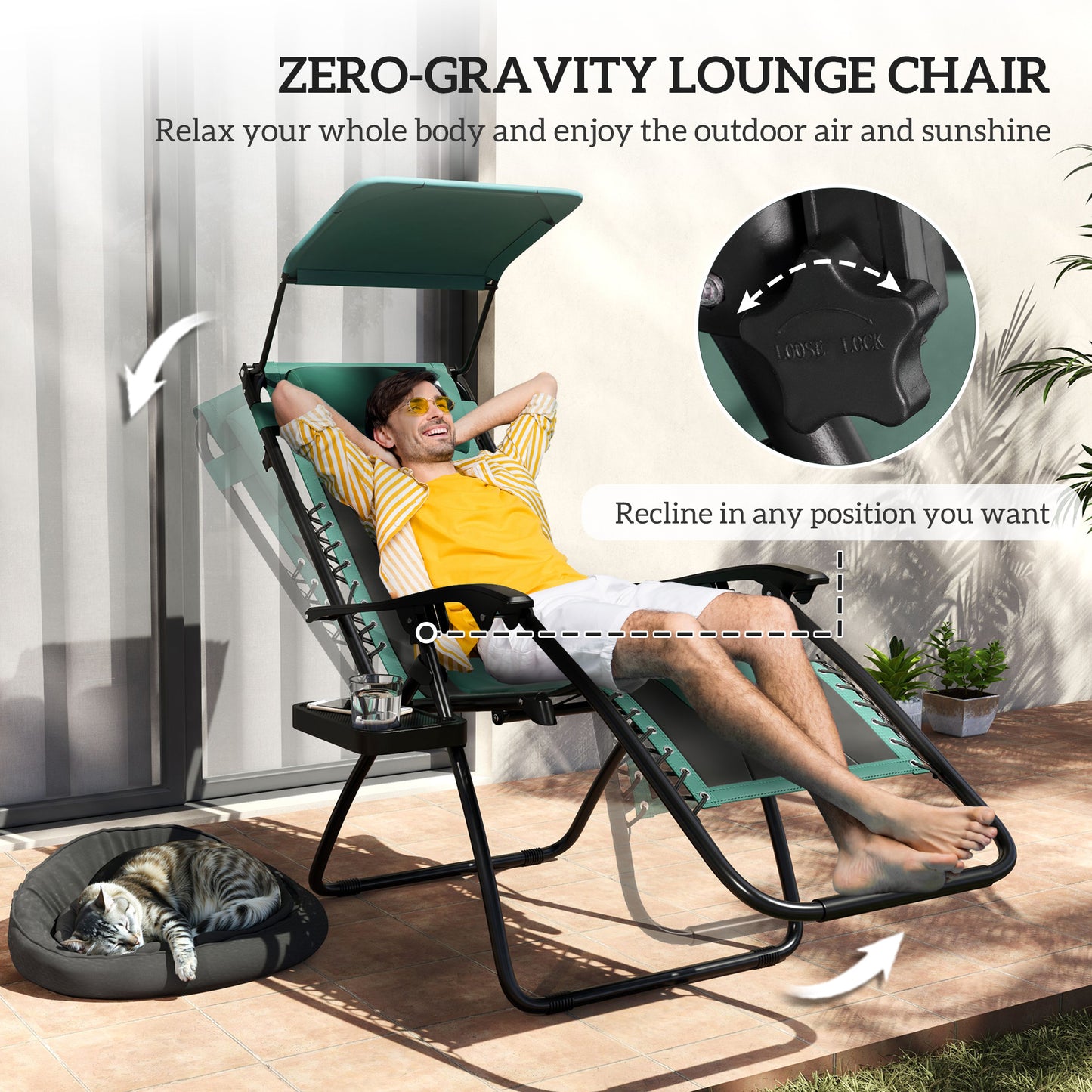 Outsunny Zero Gravity Lounger Chair, Folding Reclining Patio Chair with Shade Cover, Cup Holder, Soft Cushion and Headrest for Poolside, Camping, Green