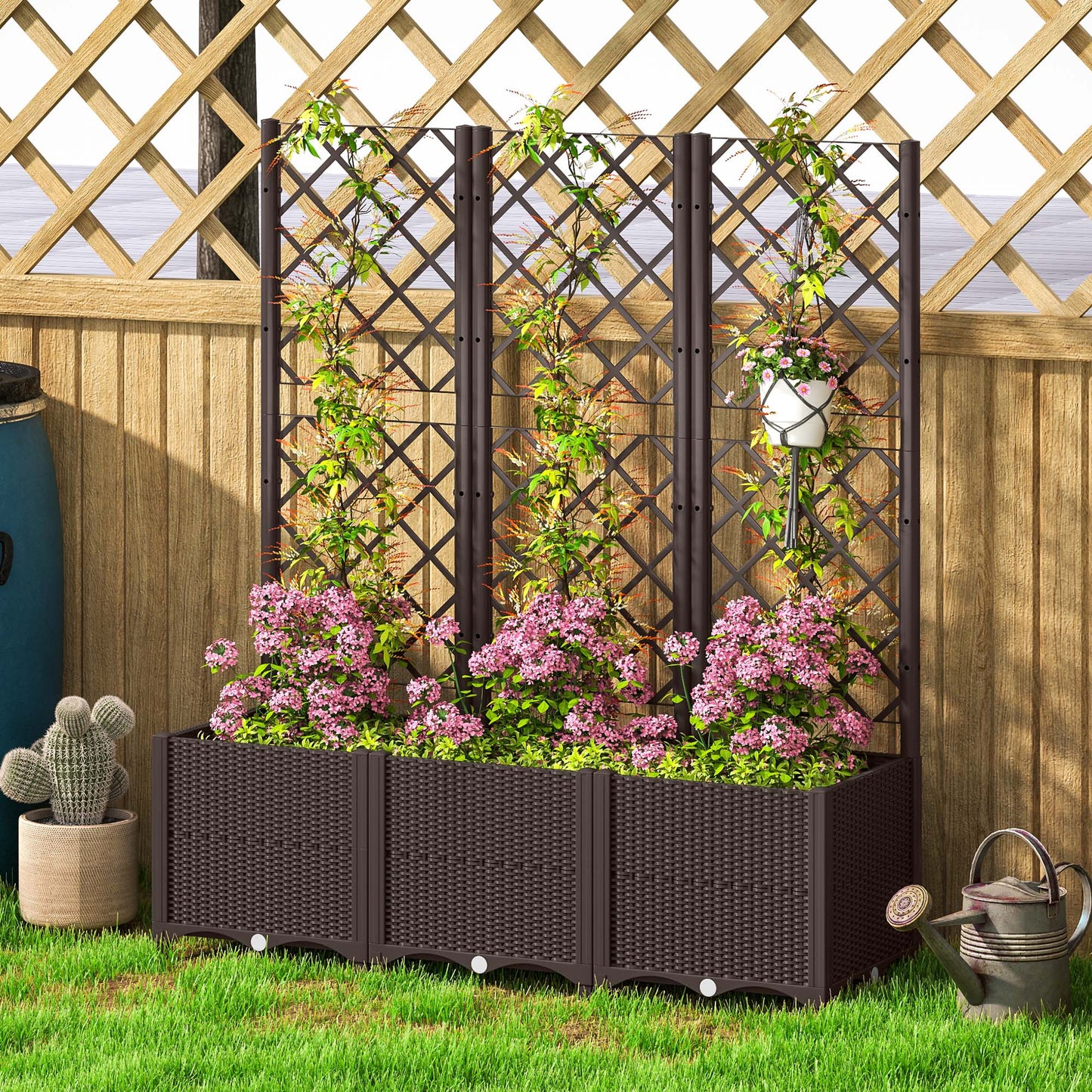 Outsunny Raised Garden Bed with Trellis, Plastic Planter Box with Drainage Holes 3 wide Brown