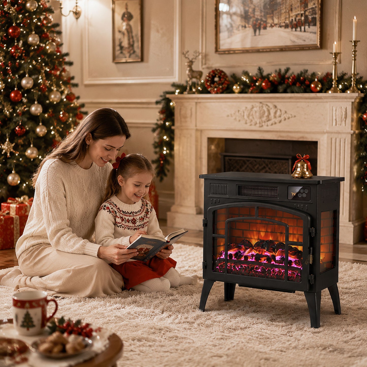HOMCOM Smart Electric Fireplace Stove Log Burner, 3-Sided Glass WiFi Electric Fire Heater w/ 5-Colour Flame, Black