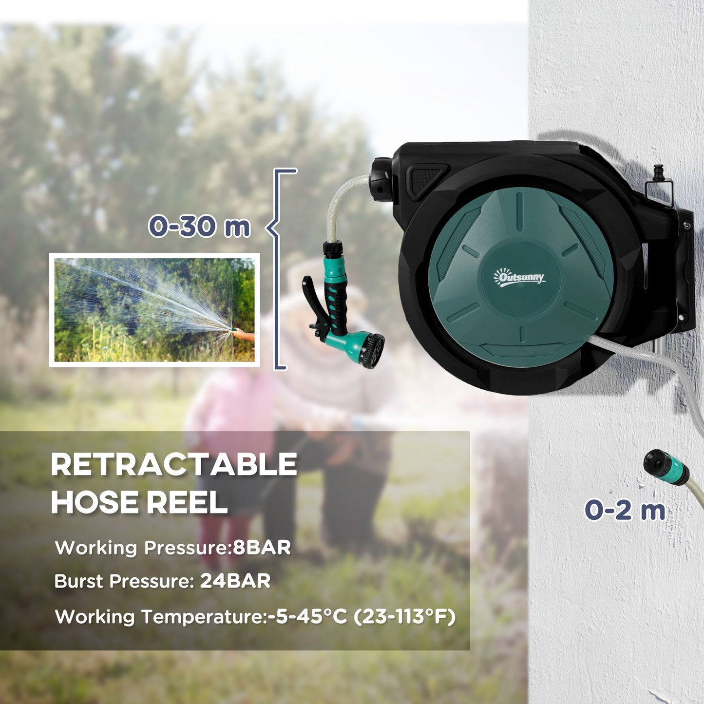 Outsunny Wall-Mounted Hose Reel 30+2m Auto Rewind Green