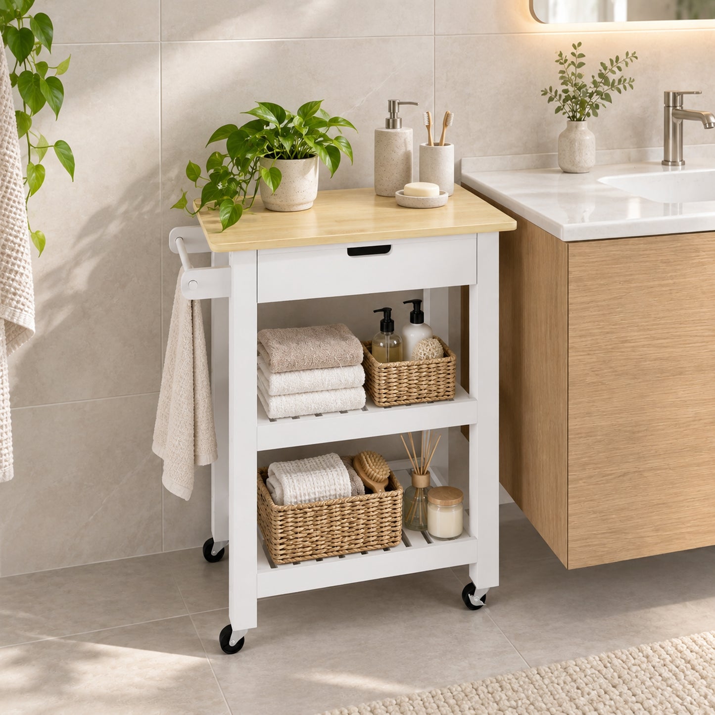 HOMCOM Kitchen Trolley Utility Cart on Wheels with Rubberwood Worktop, Towel Rack, Storage Shelves & Drawer for Dining Room