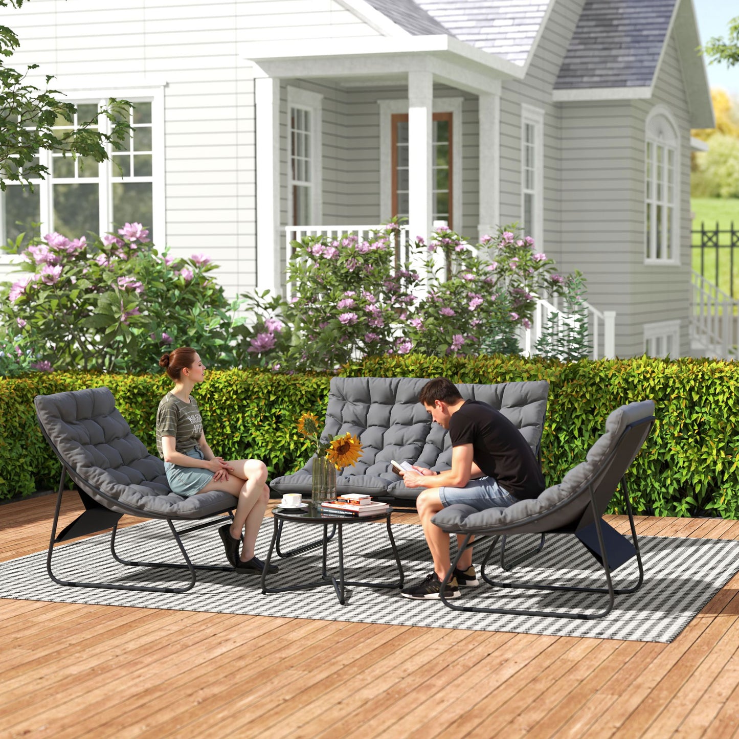 Outsunny 4 Seater Garden Furniture Set with Loveseat Sofa, Chairs, Glass Coffee Table, Cushions, Steel Outdoor Sofa, Grey