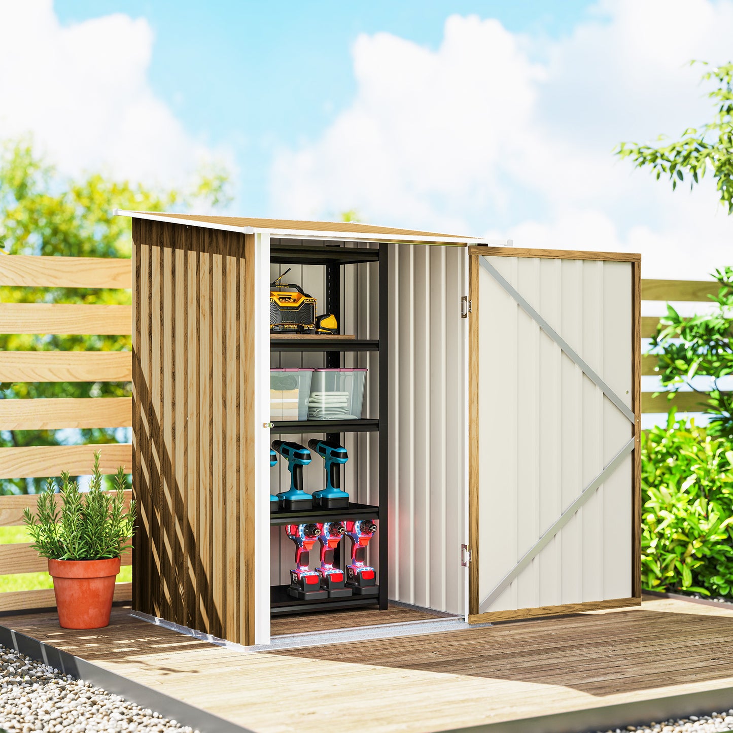 Outsunny 3.3 x 3.4ft Lean To Steel Garden Shed, with Locking Door - Light Brown Wood Effect/White