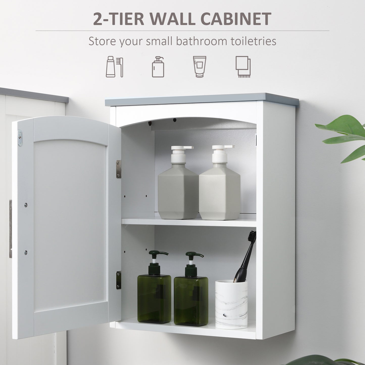 kleankin Wall-Mounted Bathroom Cabinet, Arched Door, Adjustable Shelf, Light Grey & White