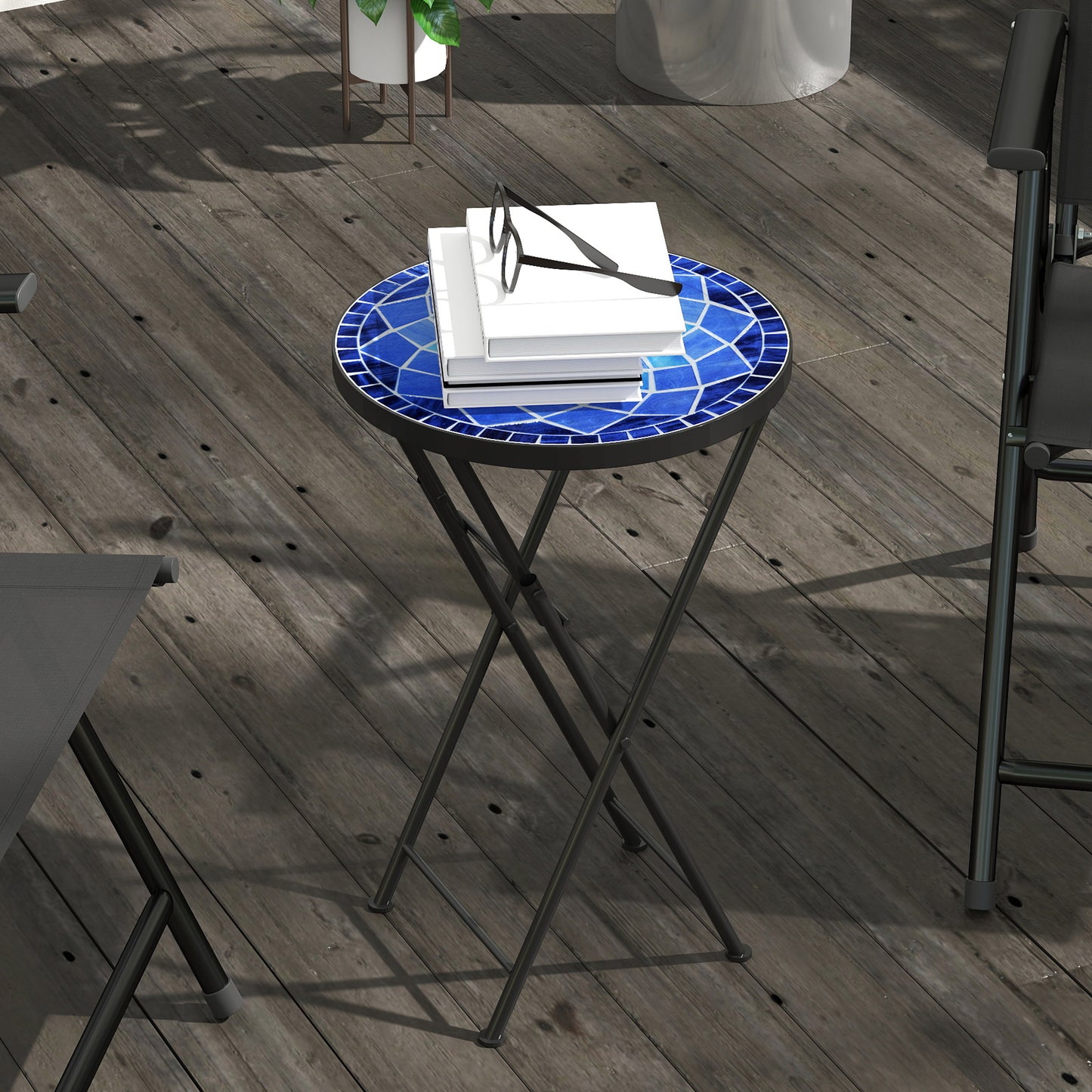 Outsunny Mosaic Outdoor Garden Table, 35.5cm Round Folding Coffee Table with Metal Frame for Balcony Terrace, Navy Blue