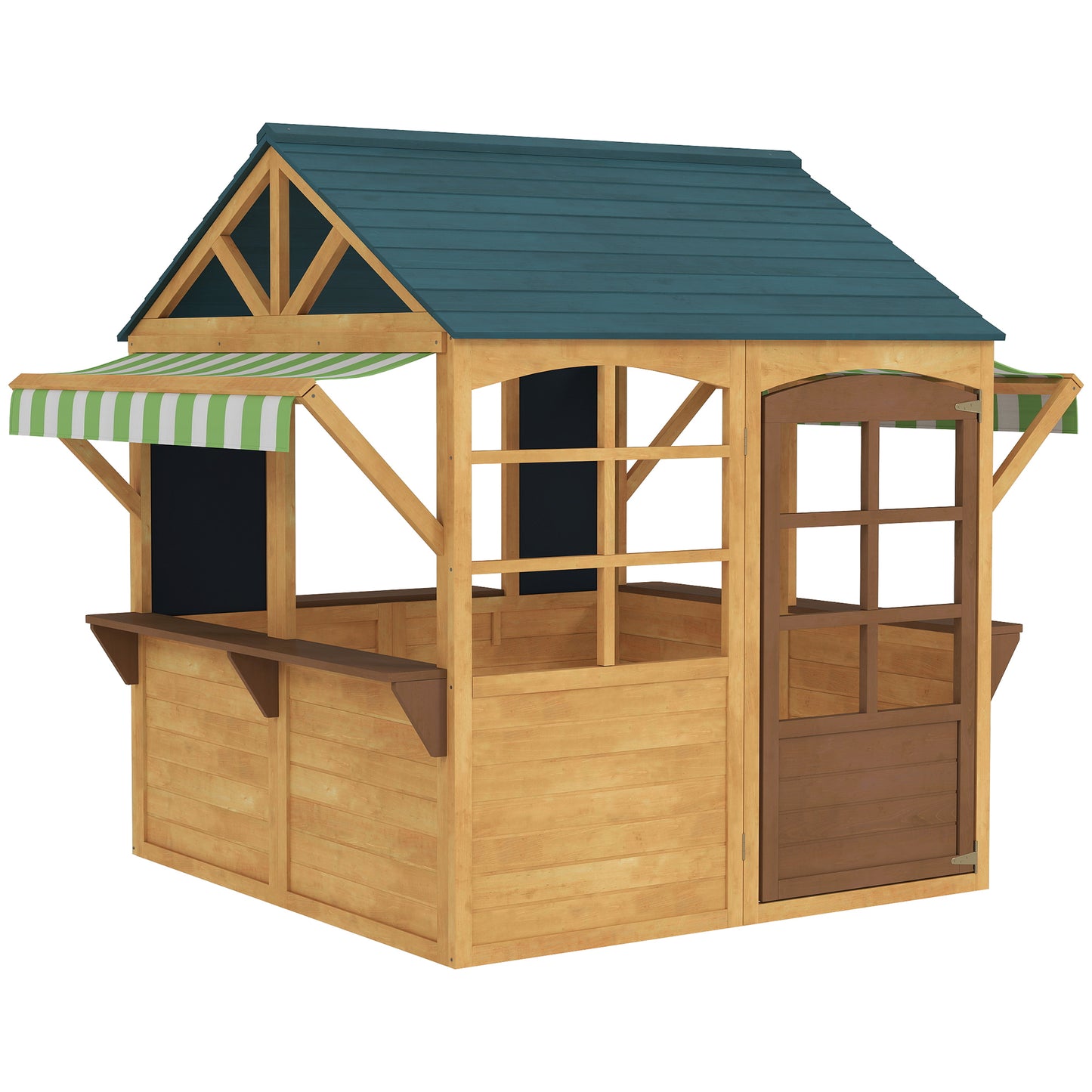 AIYAPLAY Wooden Playhouse for Kids, Foldable Wendy House with Windows, Working Door, Service Stations, Rain Covers, Brown