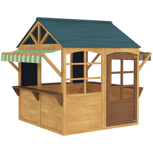 AIYAPLAY Wooden Playhouse for Kids, Foldable Wendy House with Windows, Working Door, Service Stations, Rain Covers, Brown