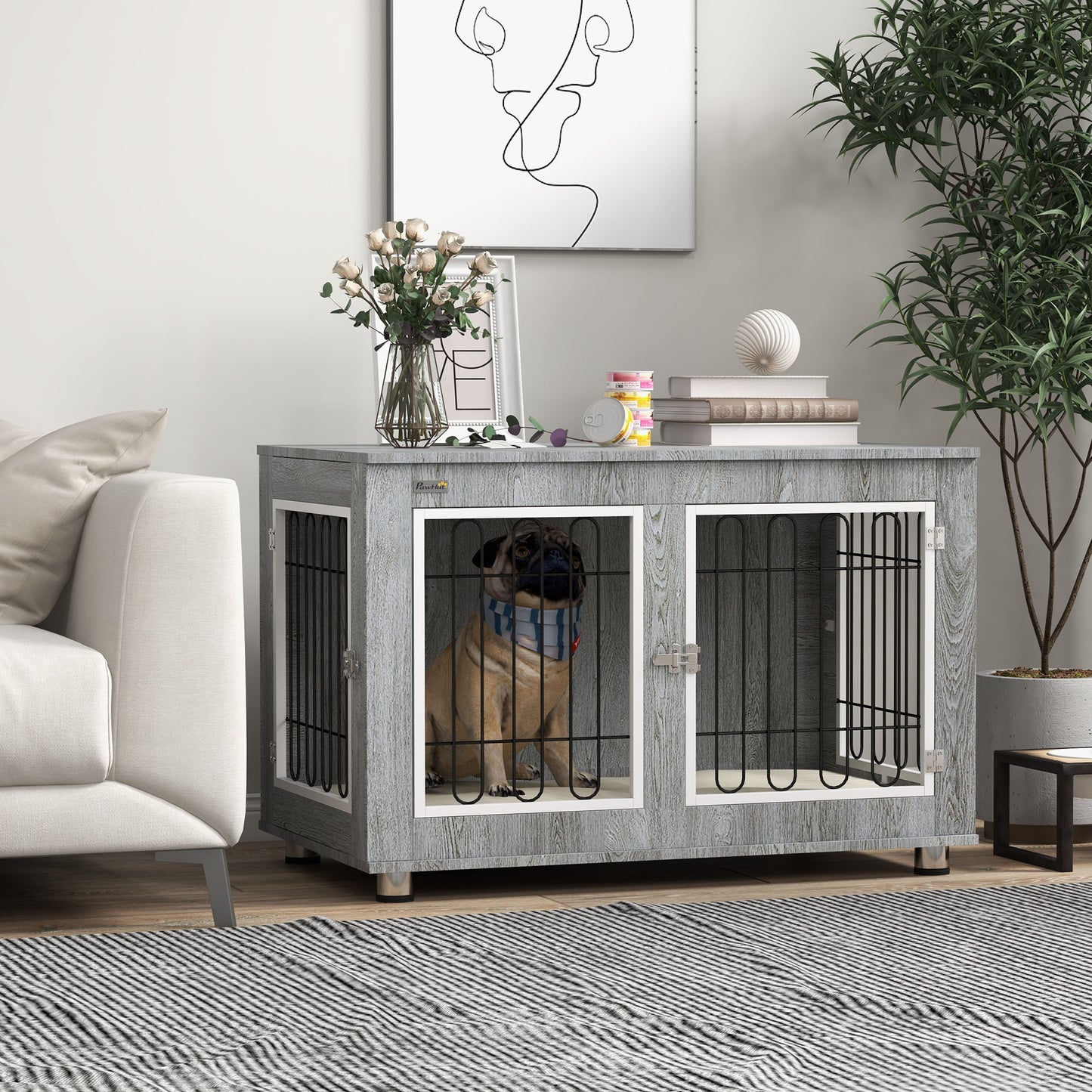 PawHut Dog Crate Furniture End Table, with Washable Cushion, Double Doors, for Medium/Large Dogs, Grey