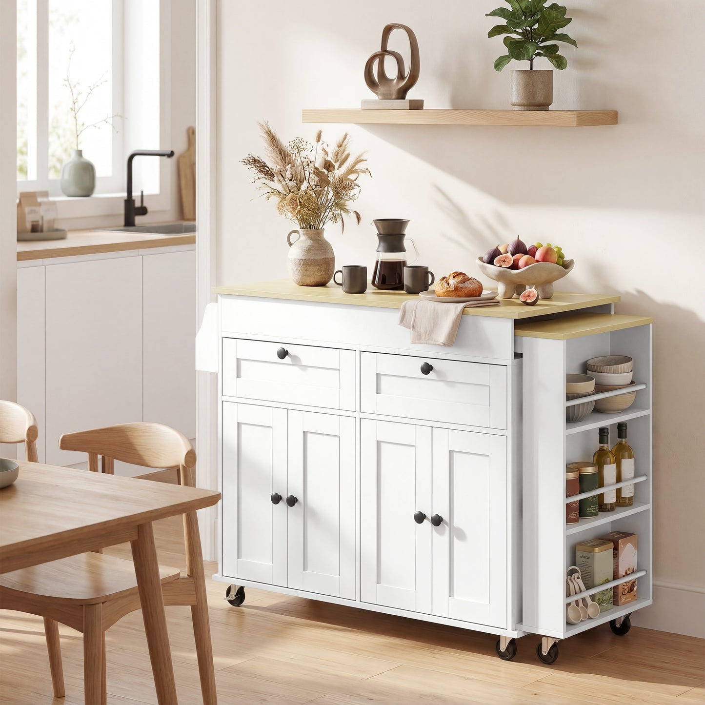 HOMCOM Rolling Kitchen with Expandable Top, Kitchen Island on Wheels with USB Ports & Power Outlets, Storage, White