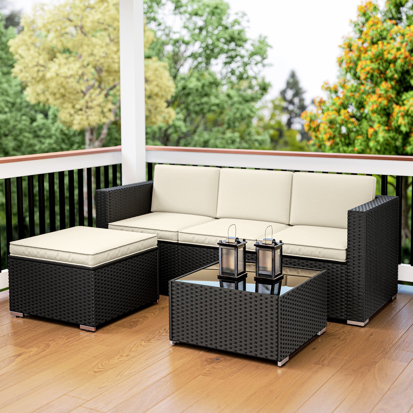 Outsunny 3 Pieces Garden Furniture Set w/ Cushions, PE Rattan Wicker Conversation Corner Sofa Set