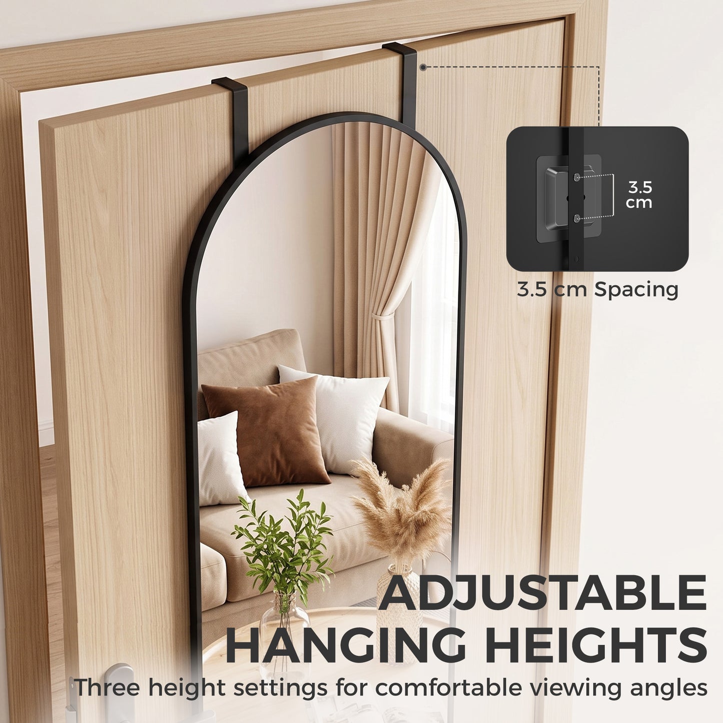 HOMCOM 40 x 110 cm Full Length Hanging Mirror, Arched Mirror with Adjustable Hooks, Over-the-Door or Wall-Mounted, Black