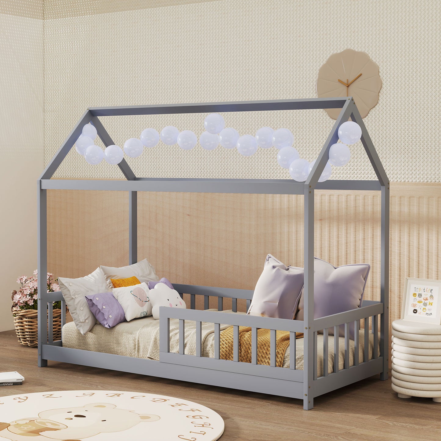 HOMCOM House-Shaped Kids Bed Frame with Guard Rails, Solid Pine Wood Single Bed Frame for Kids Boys and Girls, Grey