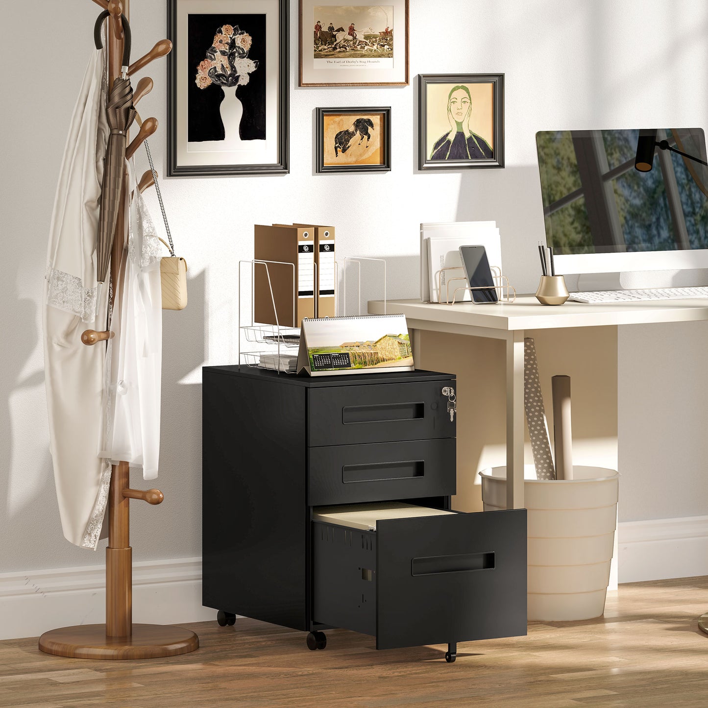 Vinsetto Metal Mobile File Cabinet, Lockable 3 Drawer for A4/Legal/Letter, Pre-Assembled Under Desk Storage, 39x48x60cm, Black