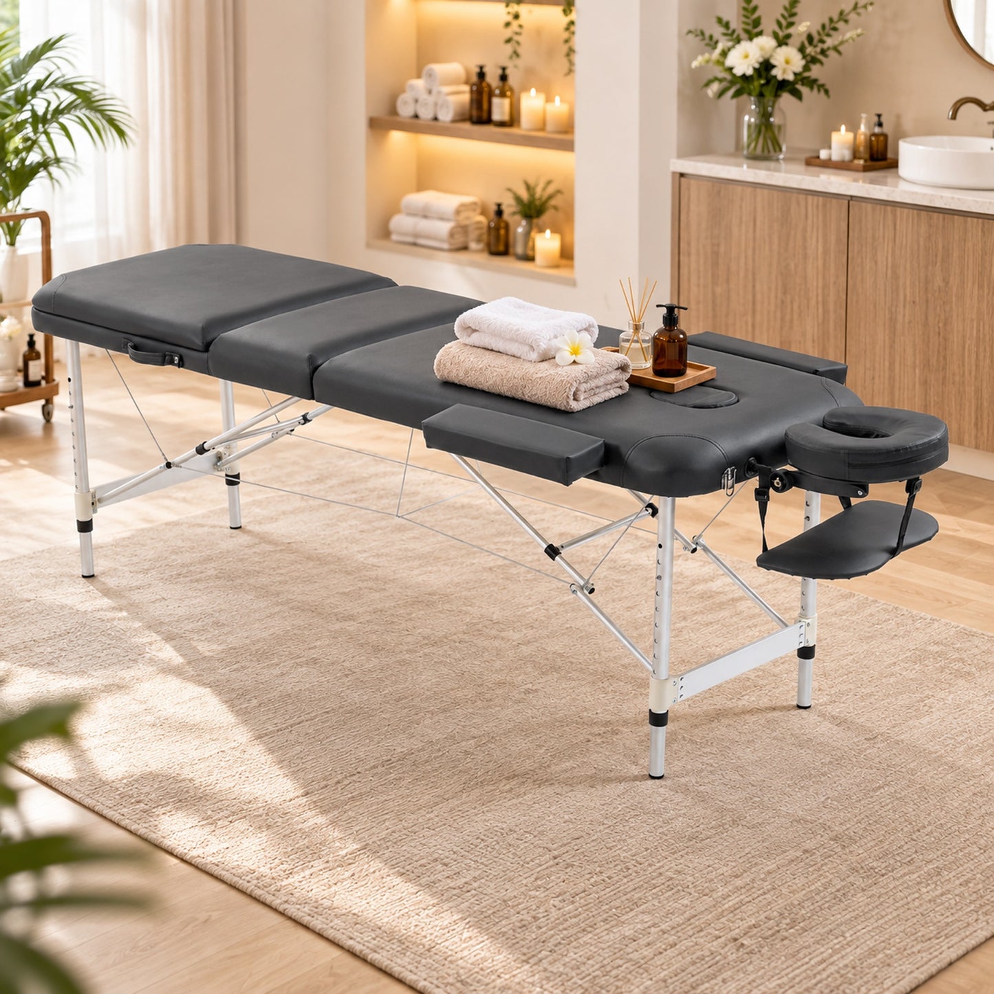 HOMCOM Foldable Massage Bed Portable Table, 3-Section Aluminium Foldable Beauty Couch with Headrest Support, 60 cm Width Black