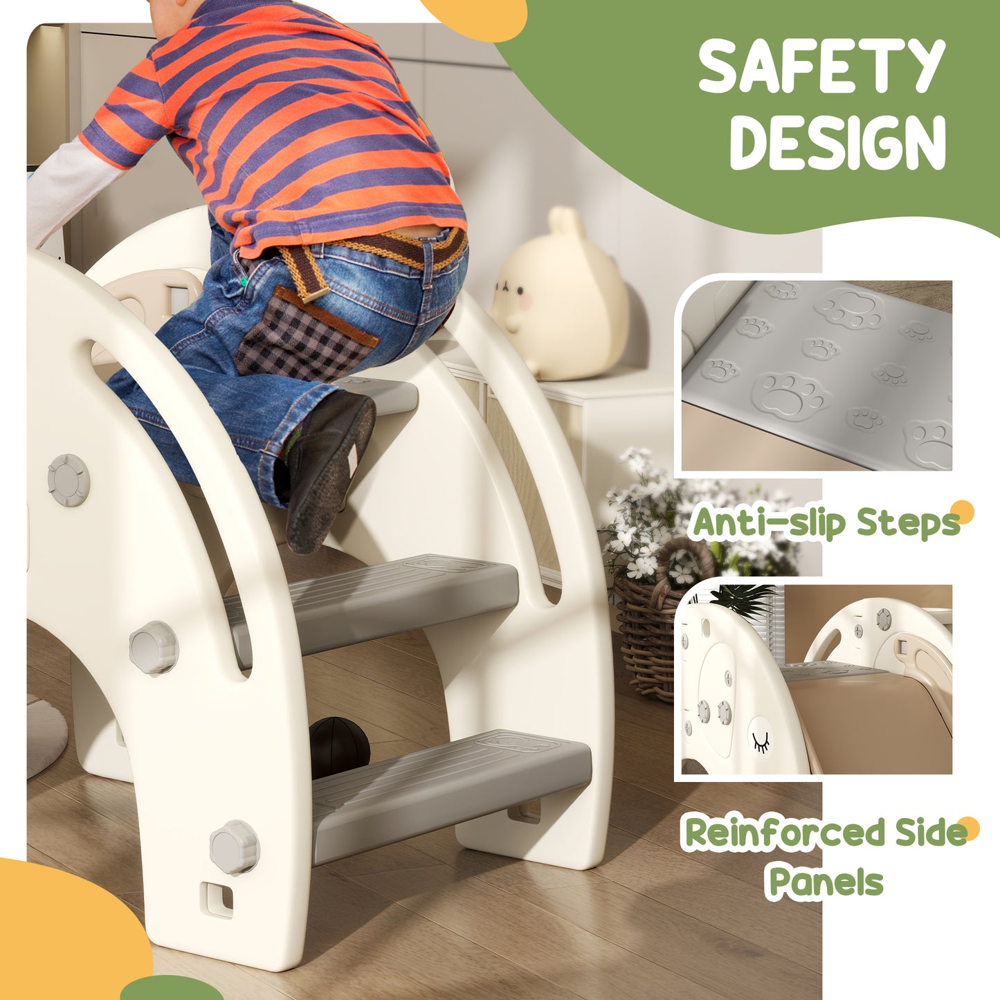 AIYAPLAY 3 in 1 Toddler Slide with Basketball Hoop, Climber, Elephant-Themed, for 1-3 Years - Cream White