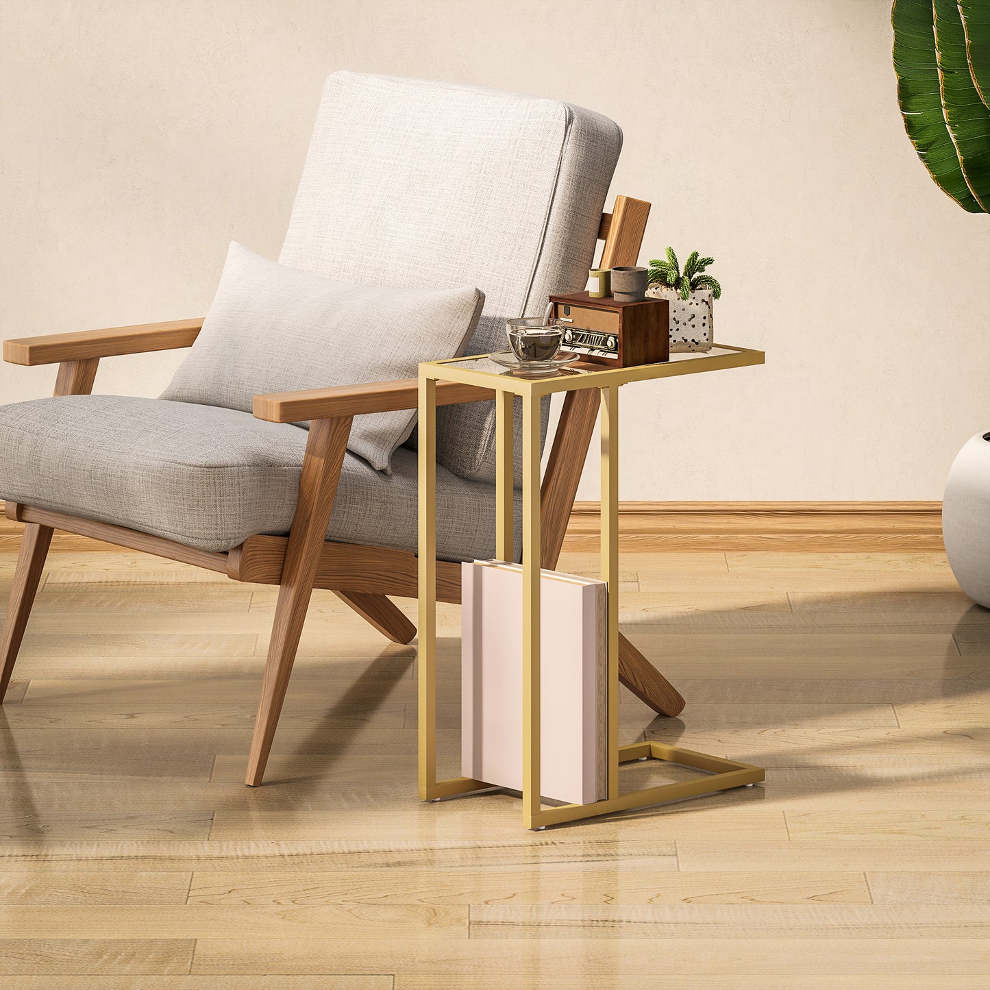 HOMCOM C-Shaped Bedside Table, Modern Side Table with Tempered Glass Tabletop, Steel Frame for Small Space, Living Room, Bedroom, Gold Tone