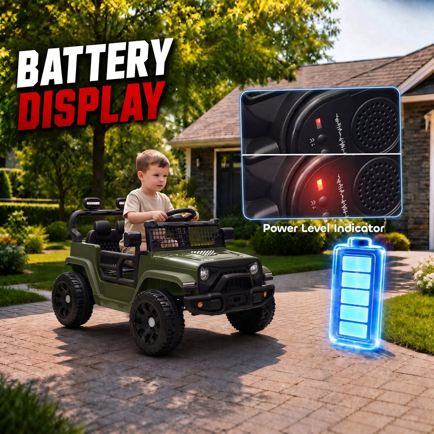 AIYAPLAY 12V Electric Car for Kids with Remote, Dual Motors, Rear Suspension, Soft Start, Music, Lights for 3-8 Years, Dark Green