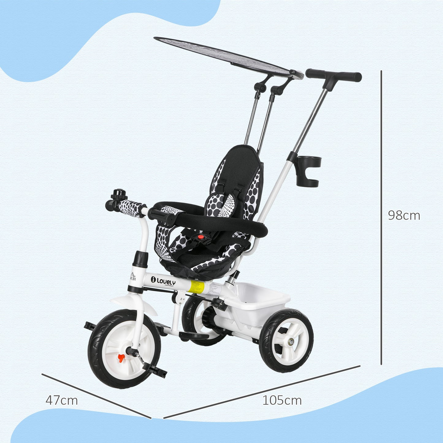 HOMCOM 4 in 1 Tricycle for Kids with 5-point harness straps Removable Canopy White