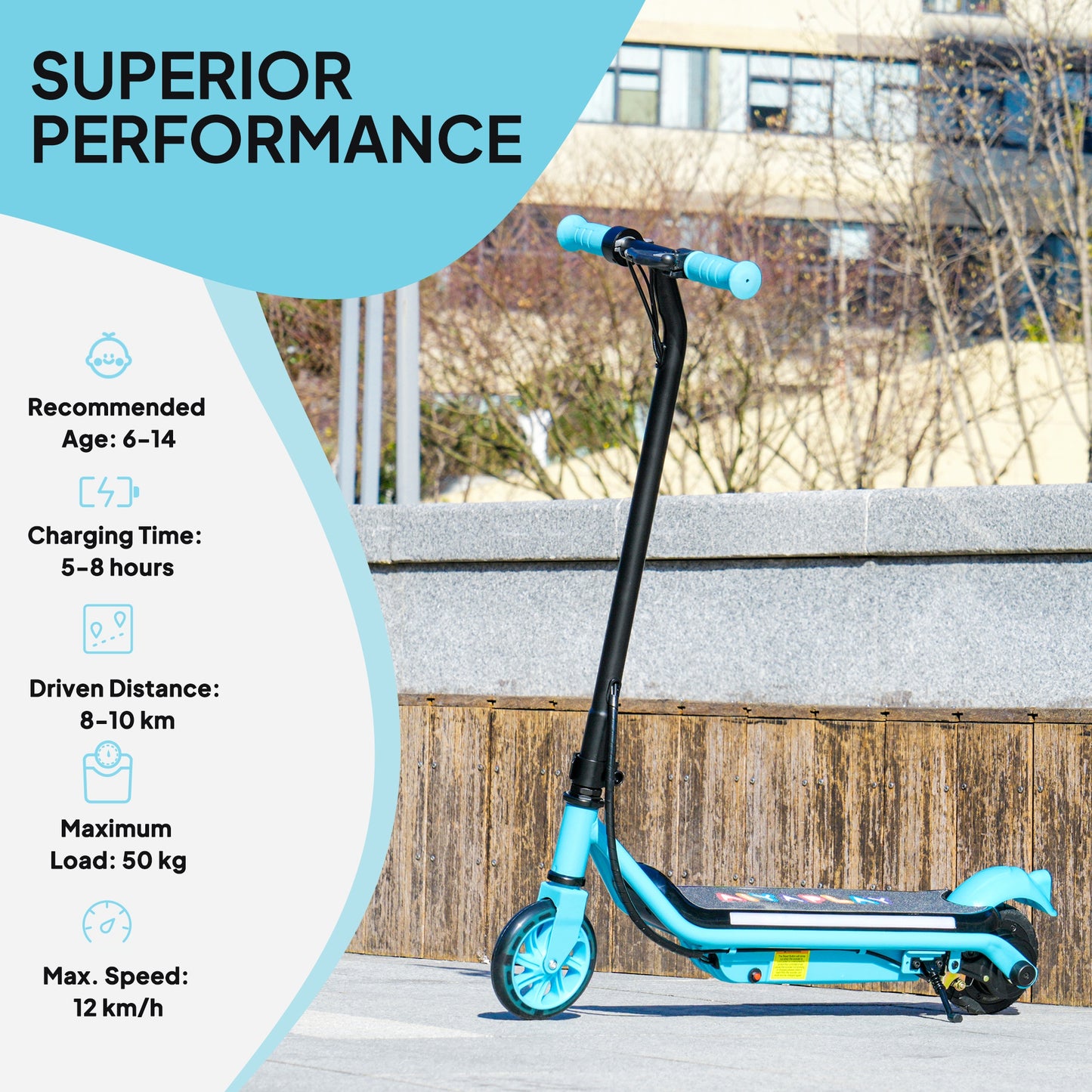AIYAPLAY Electric Scooter for Kids Ages 6-14, Dual Brakes, Flash Wheel, Colorful Light, 12 KM/H & 10 KM Range, Blue