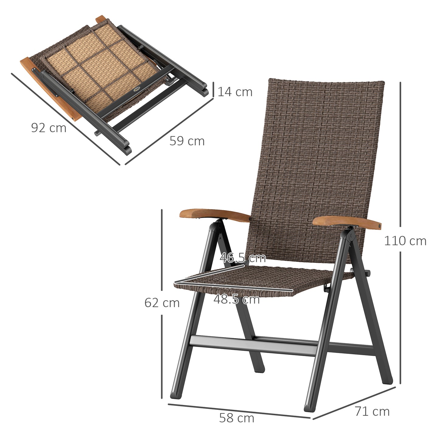 Outsunny Outdoor Foldable Dining Chair with Armrests, High Backrest, for Garden, Camping, Balcony, Porch, Brown