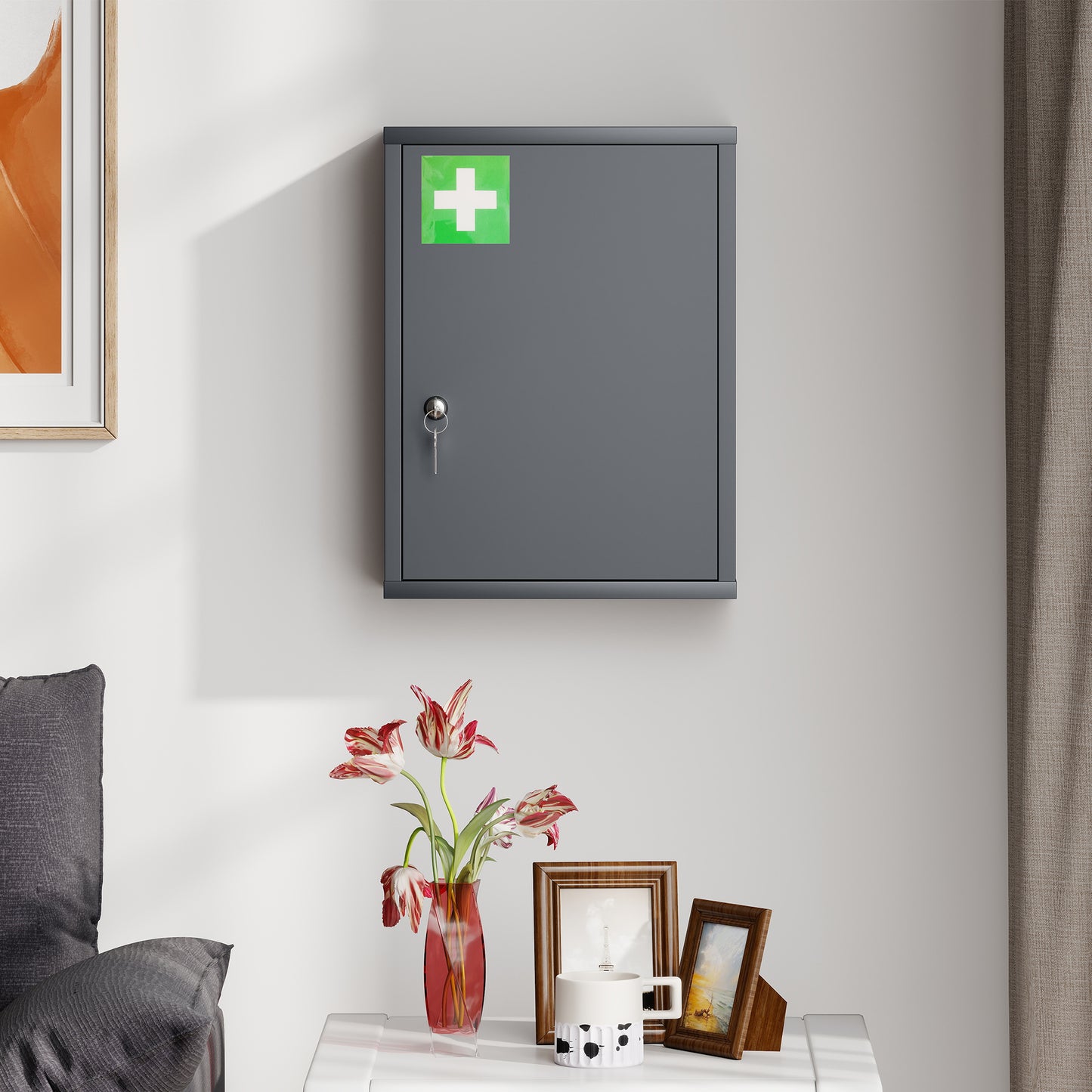 kleankin Locking Medicine Cabinet, First Aid Cabinet with Storage Shelves, with Lock and 2 Keys 53.5 x 40 x 15 cm, Smoke Grey