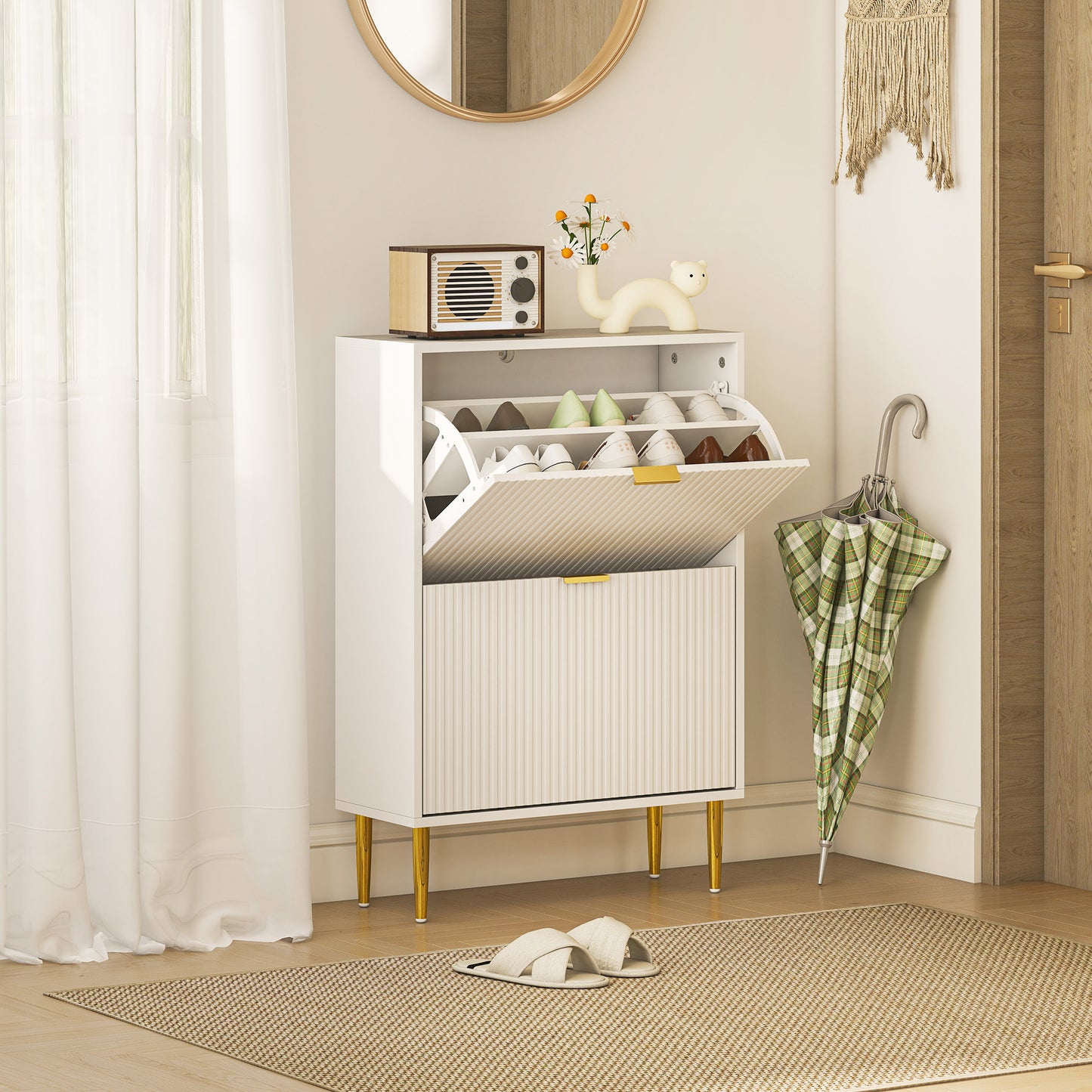 HOMCOM Narrow Shoe Cabinet with 2 Flip Drawers - White