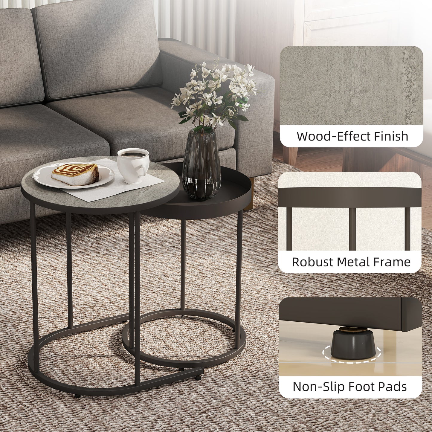 HOMCOM Round Nesting Side Table Set of 2 - Grey