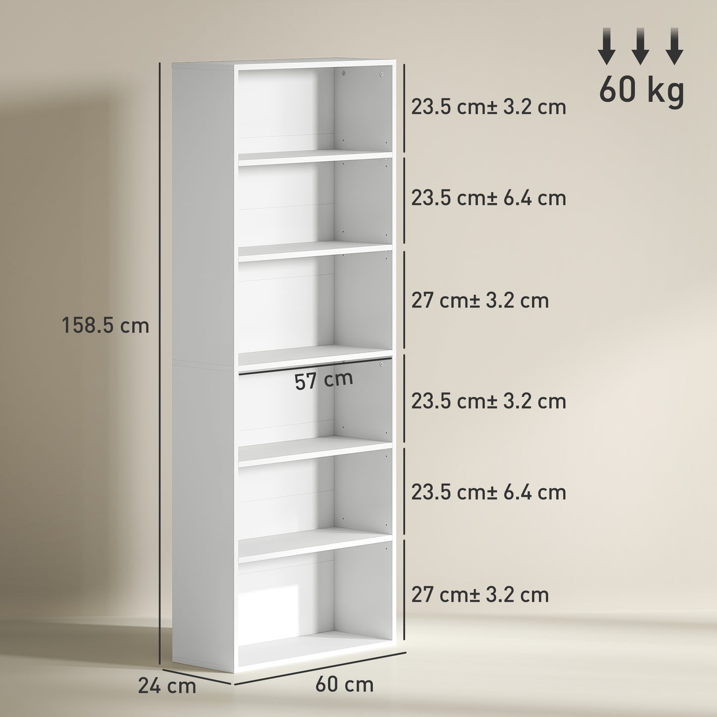 HOMCOM 6 Tier Bookshelf, Freestanding Adjustable Shelves, Display Storage for Living Room/Bedroom/Study, 60x24x158.5 cm, White