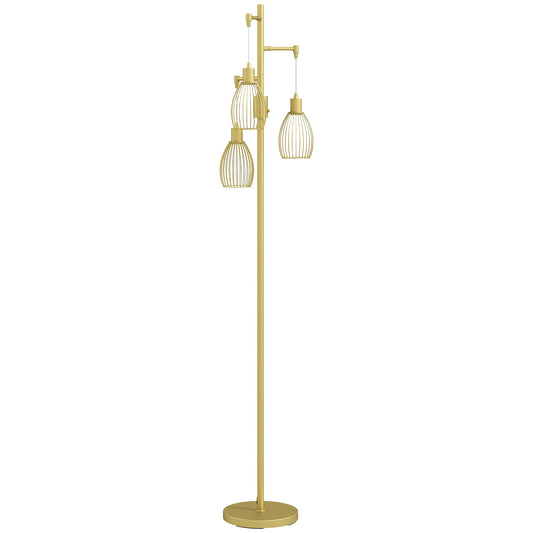 HOMCOM 170cm Industrial 3-Light Floor Lamp, Dimmable Standing Lamp with Steel Lampshades for Living Room, Bedroom, Dinging Room, Study, Gold Tone