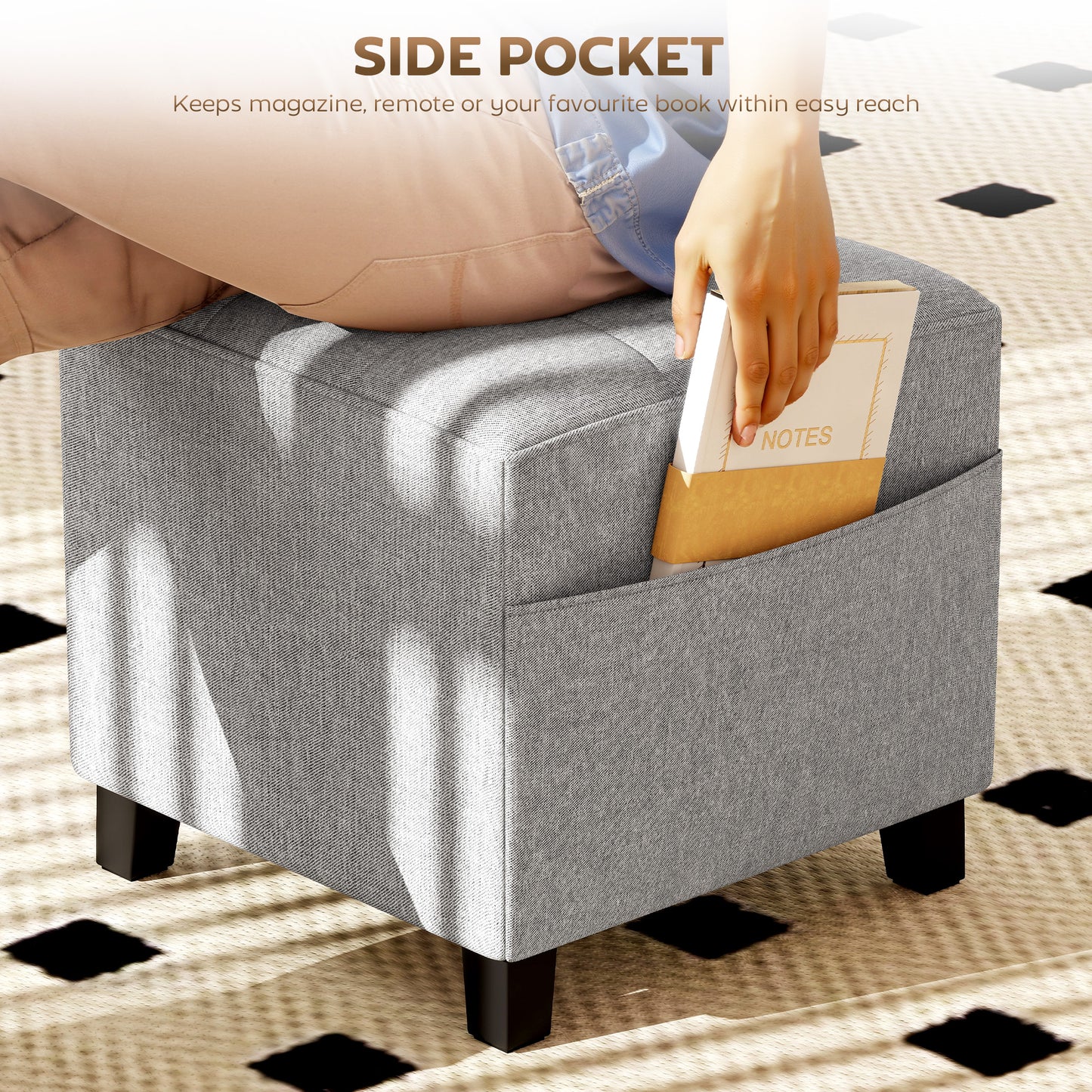 HOMCOM Square Footstool, Small Ottoman with Side Pocket, Linen Fabric, Rubber Wood Legs, Padded Seat, 35x35x35cm, Light Grey